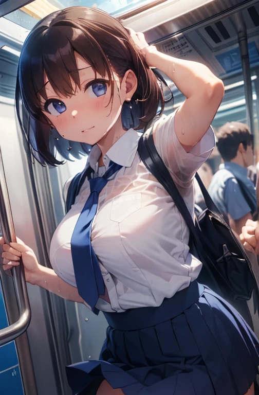 NSFW、(((Masterpiece、Detailed、Realistic texture、Tabletop)))、((Brown Hair、short hair、blue eyes))、((Big Breasts))、((Inside a crowded train、hot))、(((White short sleeve shirt)))、(((Sweat)))、(((Sweat染み)))、(((Clothes get wet)))、(((Body odor)))、(((Blue tie、Navy Skirt、Navy blue socks、Brown Loafers)))、(((Touching the vagina)))、(((Detailed膣)))、(((Overflowing love juice)))、Angle from below、(((Flip up your skirt)))