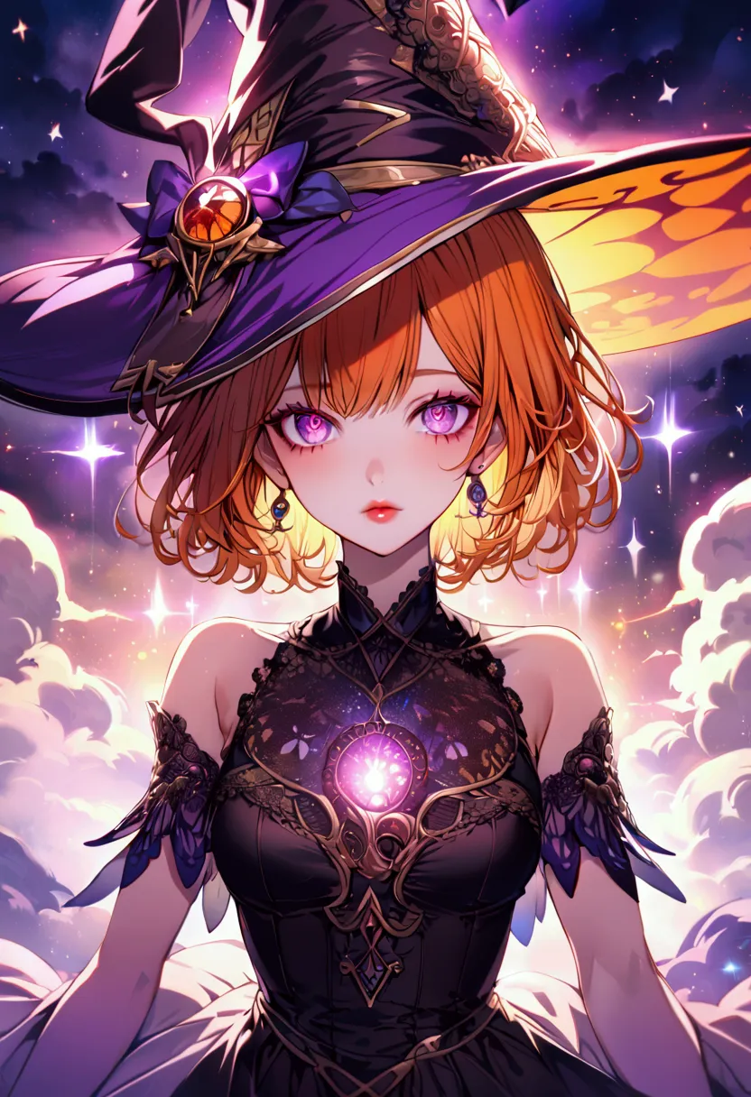 anime girl, orange hair, violet eyes, short hair, witch, witch hat, o, ultra detailed eyes, ultra detailed, detailed lips, detai...