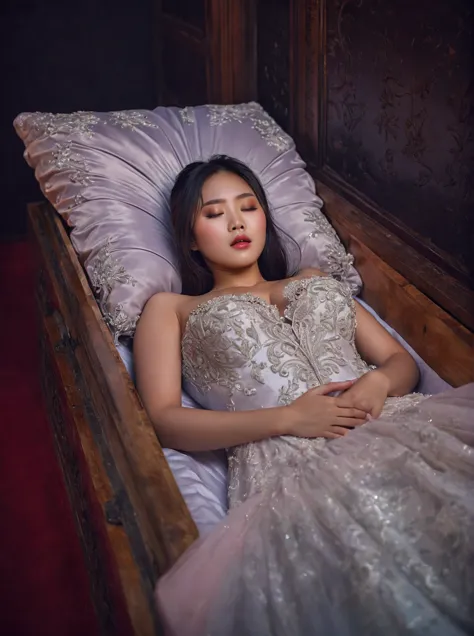 In a striking 8K HDR scene, a stunning Korean woman, 22 years old, lies peacefully in a coffin and coffin cover surrounded by pl...