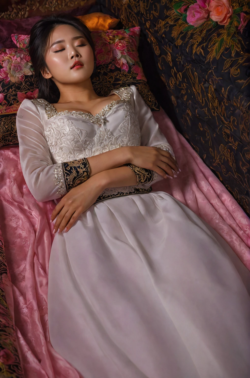 In a striking 8K HDR scene, a stunning Korean woman, 22 years old, lies peacefully in a coffin and coffin cover surrounded by plush pillows. The deep box is set against a rich black background, accentuating the beauty of the subject. Her exquisite deep-V neckline kebaya attire is embroidered with superb detail, showcasing her round and firm breasts, perfect cleavage, and beautiful eyebrows. Her closed eyes and mouth give an air of serenity, while her visible and absolute cleavage leave nothing to imagination. The scene is bathed in saturated colors, highlighting every intricate aspect from the ball skirt to her clean face, straight body, detailed hand perfect hands, straight body, own hands together, own hand on stomach, detailed hands, perfect hands.