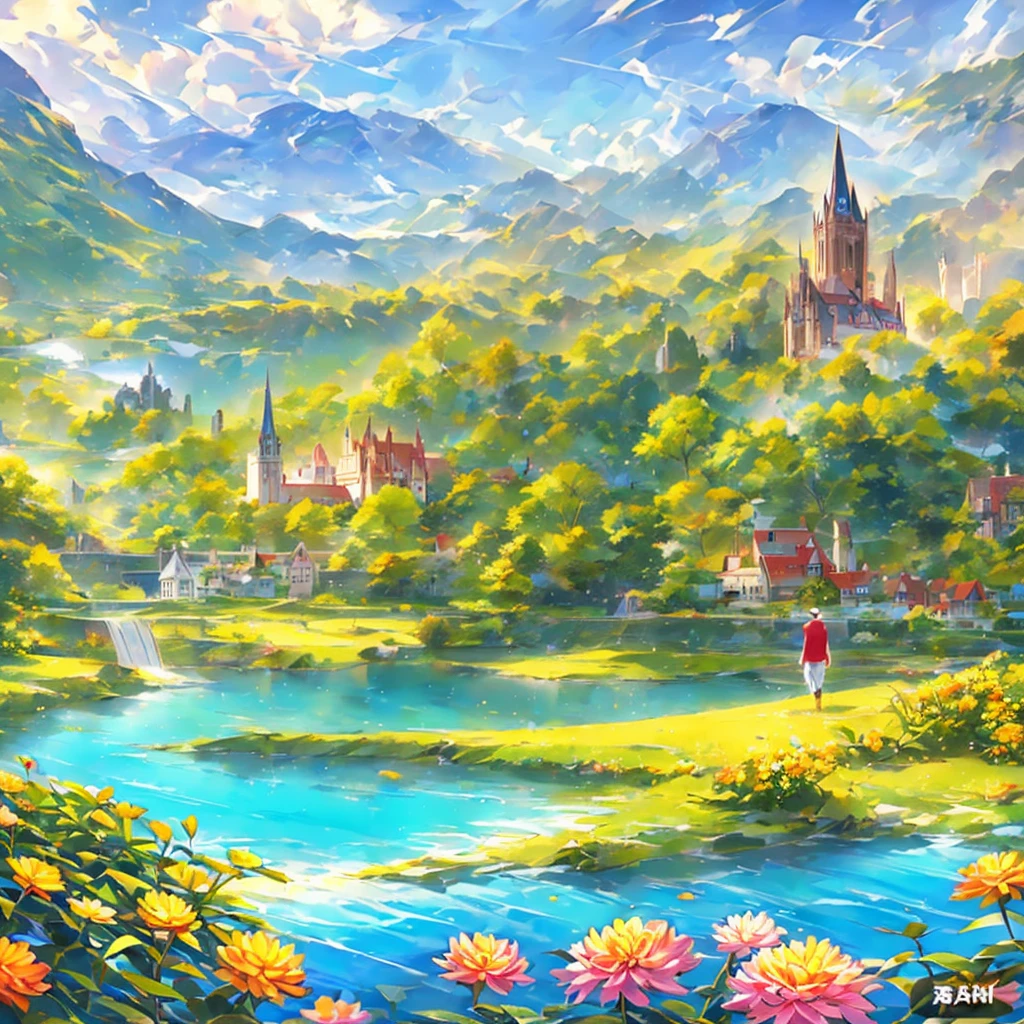 On the right bank of the lake, there is a path leading to the town in front of the castle, with a castle tower in the background., Panorama, Majestic Landscape, Boy in the back, Girl in the back, A hill full of flowers, (Dahlia, Mimosa, gentian), A boy and a girl looking down on the town from the top of a hill, Lake in the center, A walled town on the lakeside, The path leading to the cliffs, European mountain regions, Summer winds, (Great composition), masterpiece, An illustration, Time to walk the mountain path, Karst columnar forest, There are lots of plants, Hiking trails,  Valley in the mountains, View from afar, Made of fantasy