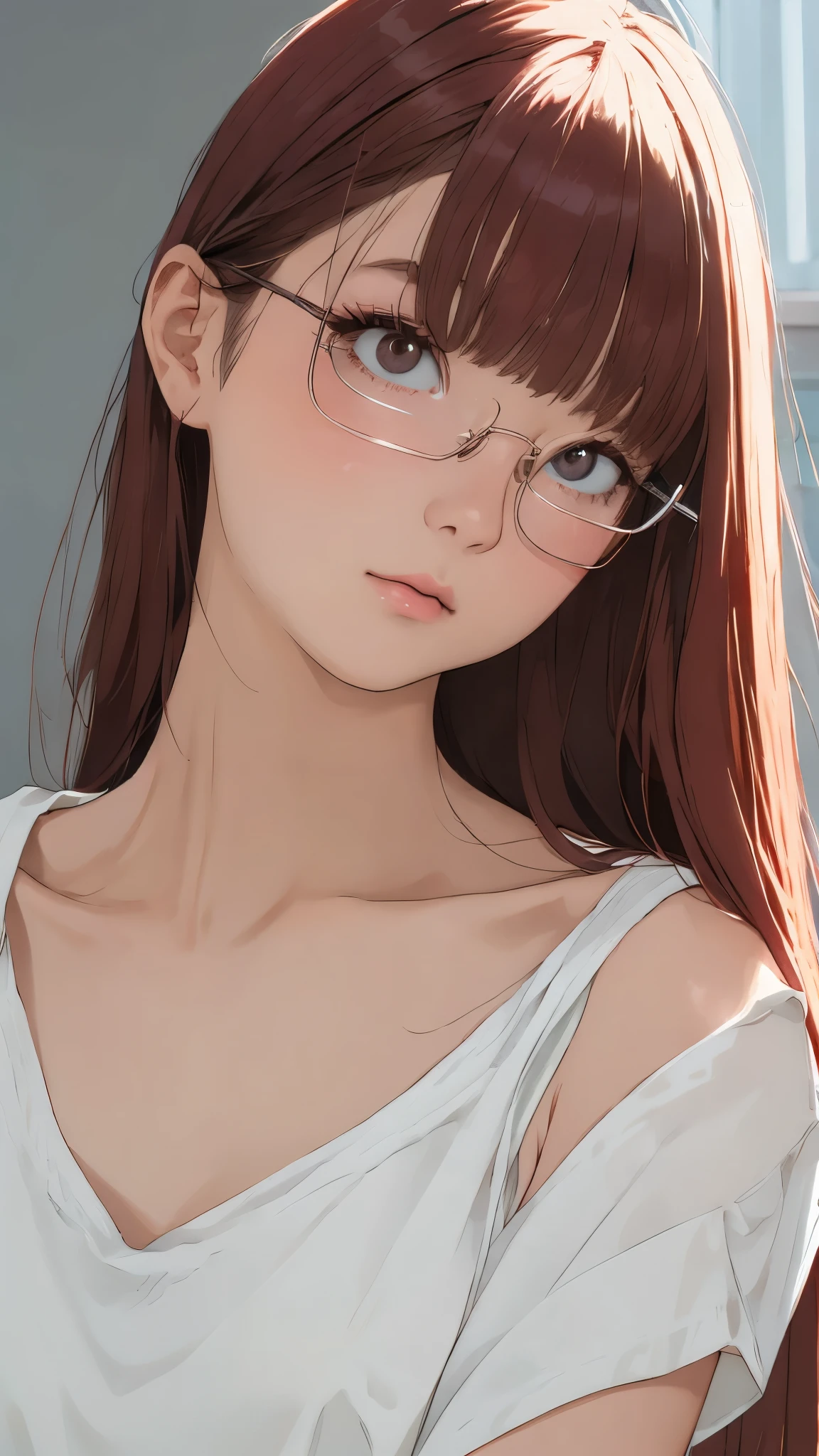 Beautiful and attractive woman with Japan、Half-body photo、Delicate and sexy collarbone、Attractive face、double eyelid、bright peach-colored eyes、Pink Lips、Small Nose、Exposed shoulders、Concentrated face、Face close-up、Ultra-high resolution、Super detailed、Graceful posture、Red Glasses、Ｔshirt,front view、blush