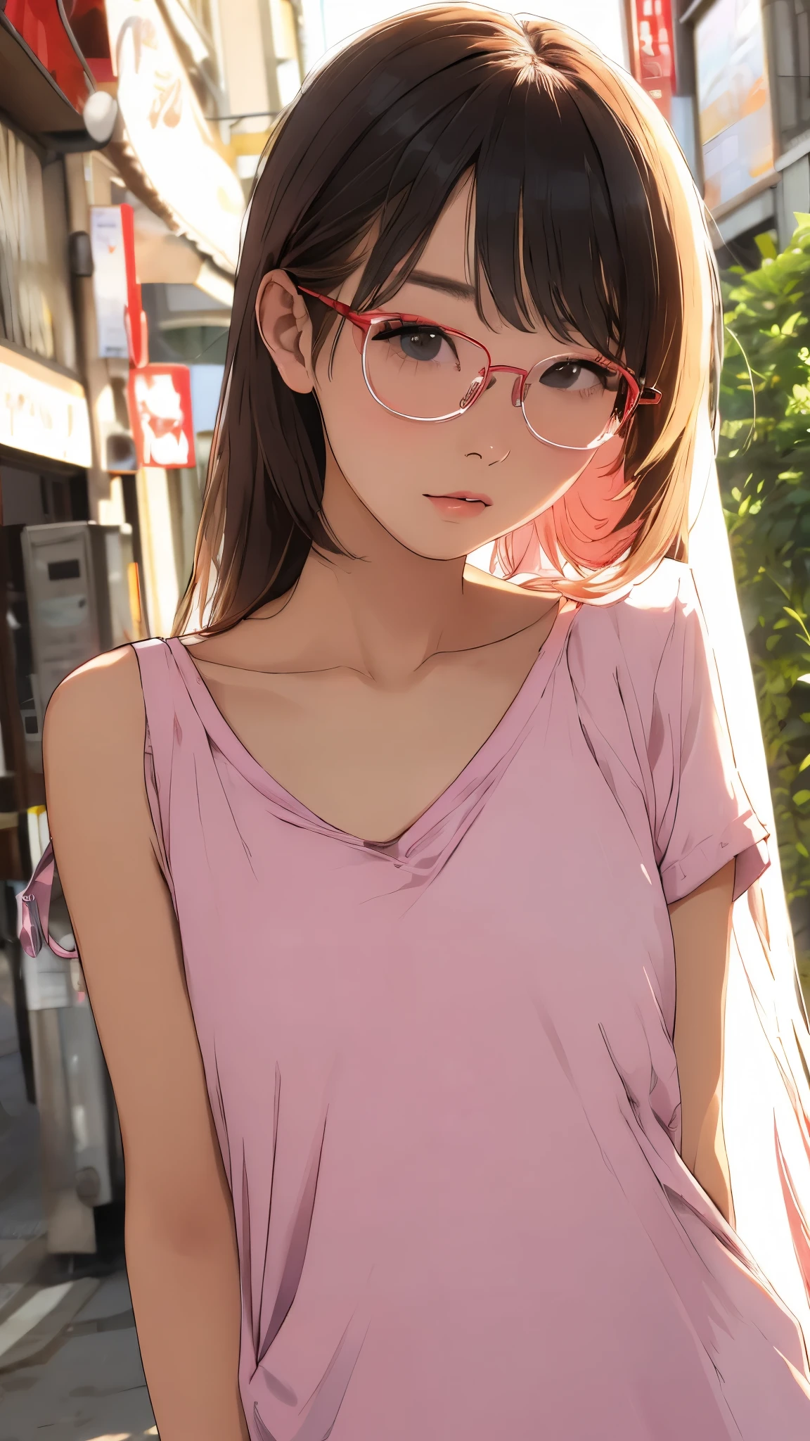 Beautiful and attractive woman with Japan、Half-body photo、Delicate and sexy collarbone、Attractive face、double eyelid、bright peach-colored eyes、Pink Lips、Small Nose、Exposed shoulders、Concentrated face、Face close-up、Ultra-high resolution、Super detailed、Graceful posture、Red Glasses、Ｔshirt,front view、blush