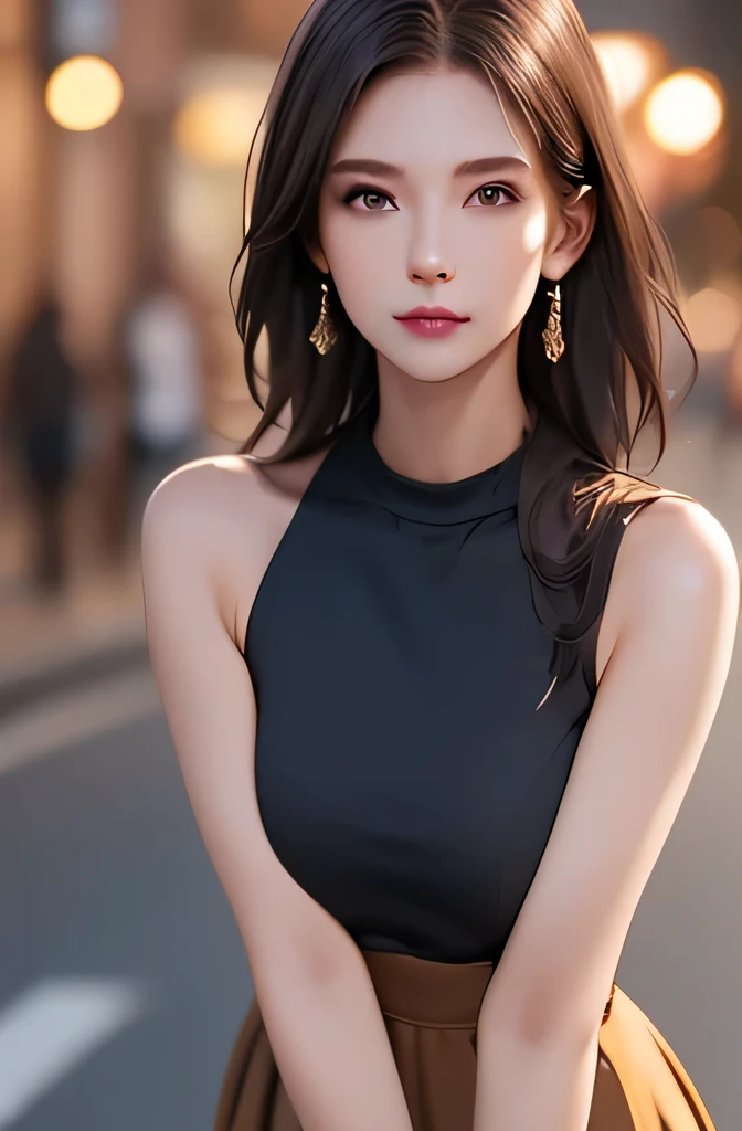 (((best quality))),1 female,slender face,(((arms behind))),(((cool beauty))),Black Hair,Brown Eyes,medium hair,straight hair,small breasts,looking at viewer,25 years old,No pubic hair,Height: 160cm,(full body),blouse,Standing in a busy street at night,mini skirt,Provocative look