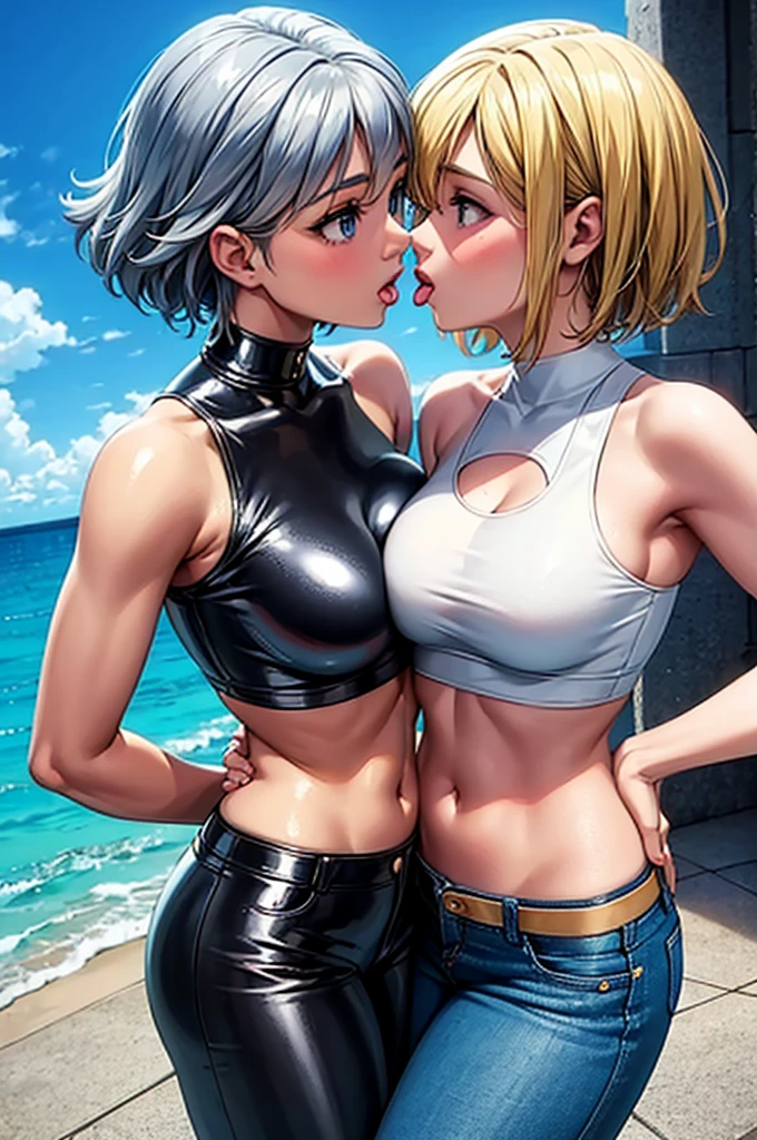 Two hot girls kissing, hot, Tongue kiss,weather, a blonde girl wearing a blue crop top and short denim shorts, another With silver hair, wearing a latex crop top 