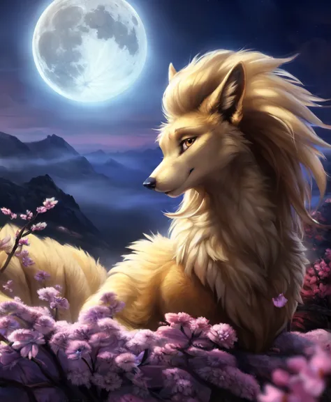 ((solo)) (feral, ninetales), female, looking at viewer, cherry blossom, night, fog, flower, multi tail, full moon,, best quality...