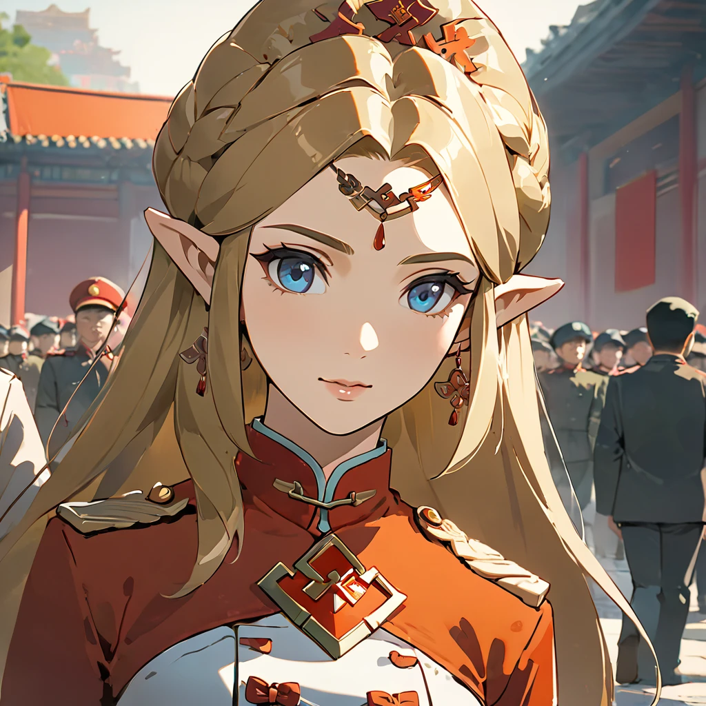 ((Highest quality)), ((masterpiece)), (detailed), （Perfect Face）、The woman is a Chinese Princess Zelda, a blonde Chinese woman with blue eyes who is wearing an engagement ring. She has become a member of the glorious Chinese Communist Party and has sworn absolute loyalty to the Chinese Communist Party. She is a righteous Communist Party member of China.、The woman is wearing the fine uniform of a Chinese Communist Party member.、For the sake of China, their hairstyles, clothes, and everything they wear are all Chinese Communist Party items, and their thoughts are also Chinese, becoming great Chinese in body and mind.、The woman became a Chinese Princess Zelda who was proud of and loved China.、She is serving China as a member of the great Communist Party of China.、The woman is a beautiful, respectable and exemplary Communist Party member.