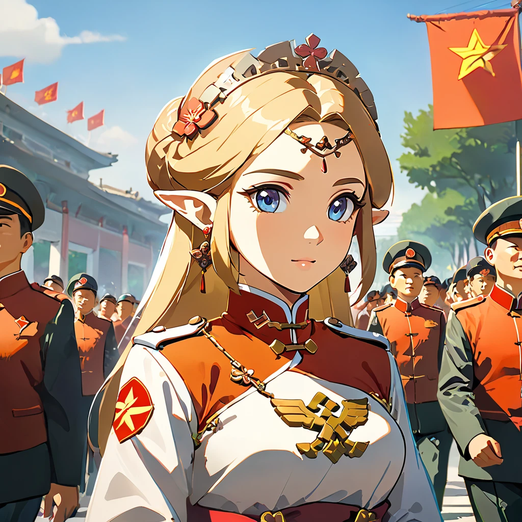 ((Highest quality)), ((masterpiece)), (detailed), （Perfect Face）、The woman is a Chinese Princess Zelda, a blonde Chinese woman with blue eyes who is wearing an engagement ring. She has become a member of the glorious Chinese Communist Party and has sworn absolute loyalty to the Chinese Communist Party. She is a righteous Communist Party member of China.、The woman is wearing the fine uniform of a Chinese Communist Party member.、For the sake of China, their hairstyles, clothes, and everything they wear are all Chinese Communist Party items, and their thoughts are also Chinese, becoming great Chinese in body and mind.、The woman became a Chinese Princess Zelda who was proud of and loved China.、She is serving China as a member of the great Communist Party of China.、The woman is a beautiful, respectable and exemplary Communist Party member.