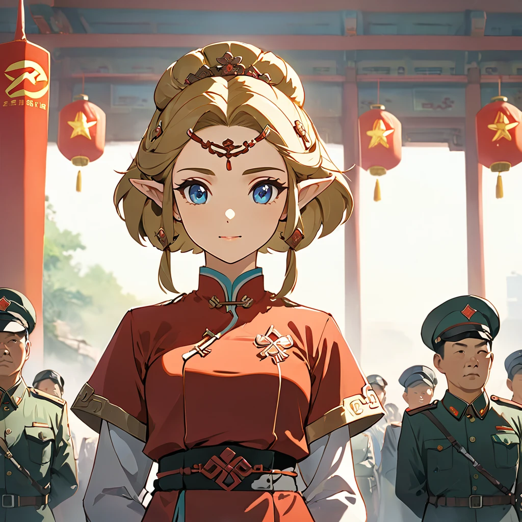 ((Highest quality)), ((masterpiece)), (detailed), （Perfect Face）、The woman is a Chinese Princess Zelda, a blonde Chinese woman with blue eyes who is wearing an engagement ring. She has become a member of the glorious Chinese Communist Party and has sworn absolute loyalty to the Chinese Communist Party. She is a righteous Communist Party member of China.、The woman is wearing the fine uniform of a Chinese Communist Party member.、For the sake of China, their hairstyles, clothes, and everything they wear are all Chinese Communist Party items, and their thoughts are also Chinese, becoming great Chinese in body and mind.、The woman became a Chinese Princess Zelda who was proud of and loved China.、She is serving China as a member of the great Communist Party of China.、The woman is a beautiful, respectable and exemplary Communist Party member.