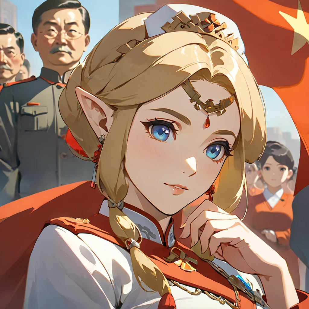 ((Highest quality)), ((masterpiece)), (detailed), （Perfect Face）、The woman is a Chinese Princess Zelda, a blonde Chinese woman with blue eyes who is wearing an engagement ring. She has become a member of the glorious Chinese Communist Party and has sworn absolute loyalty to the Chinese Communist Party. She is a righteous Communist Party member of China.、The woman is wearing the fine uniform of a Chinese Communist Party member.、For the sake of China, their hairstyles, clothes, and everything they wear are all Chinese Communist Party items, and their thoughts are also Chinese, becoming great Chinese in body and mind.、The woman became a Chinese Princess Zelda who was proud of and loved China.、She is serving China as a member of the great Communist Party of China.、The woman is a beautiful, respectable and exemplary Communist Party member.