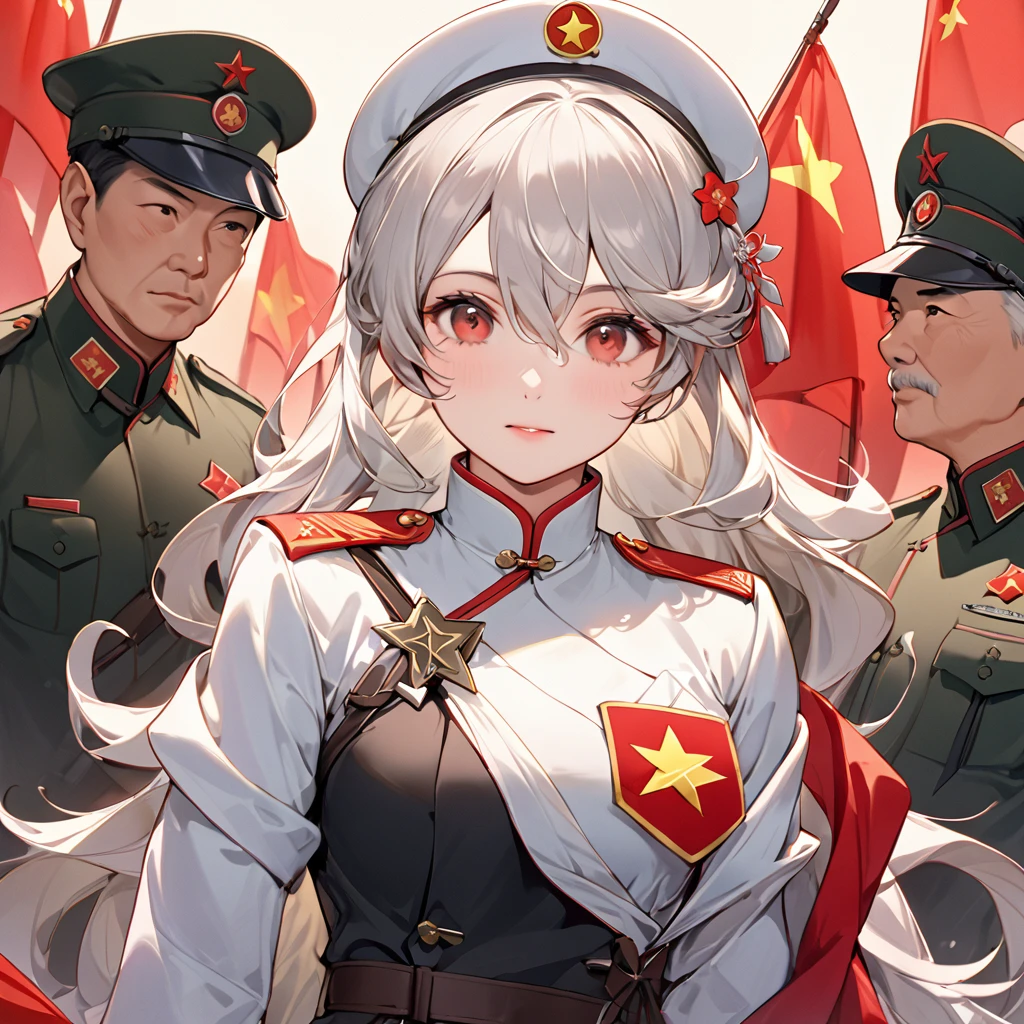 ((Highest quality)), ((masterpiece)), (detailed), （Perfect Face）、The woman is a Chinese Kaim with medium-long silver hair and an engagement ring. She is a member of the glorious Chinese Communist Party and has sworn absolute loyalty to the Communist Party of China. She is a righteous Communist Party member of China.、The woman is wearing the fine uniform of a Chinese Communist Party member.、For the sake of China, their hairstyles, clothes, and everything they wear are all Chinese Communist Party items, and their thoughts are also Chinese, becoming great Chinese in body and mind.、The woman became a Chinese Kaim who was proud of China and loved it devotedly.、She is serving China as a member of the great Communist Party of China.、The woman is a beautiful, respectable and exemplary Communist Party member.