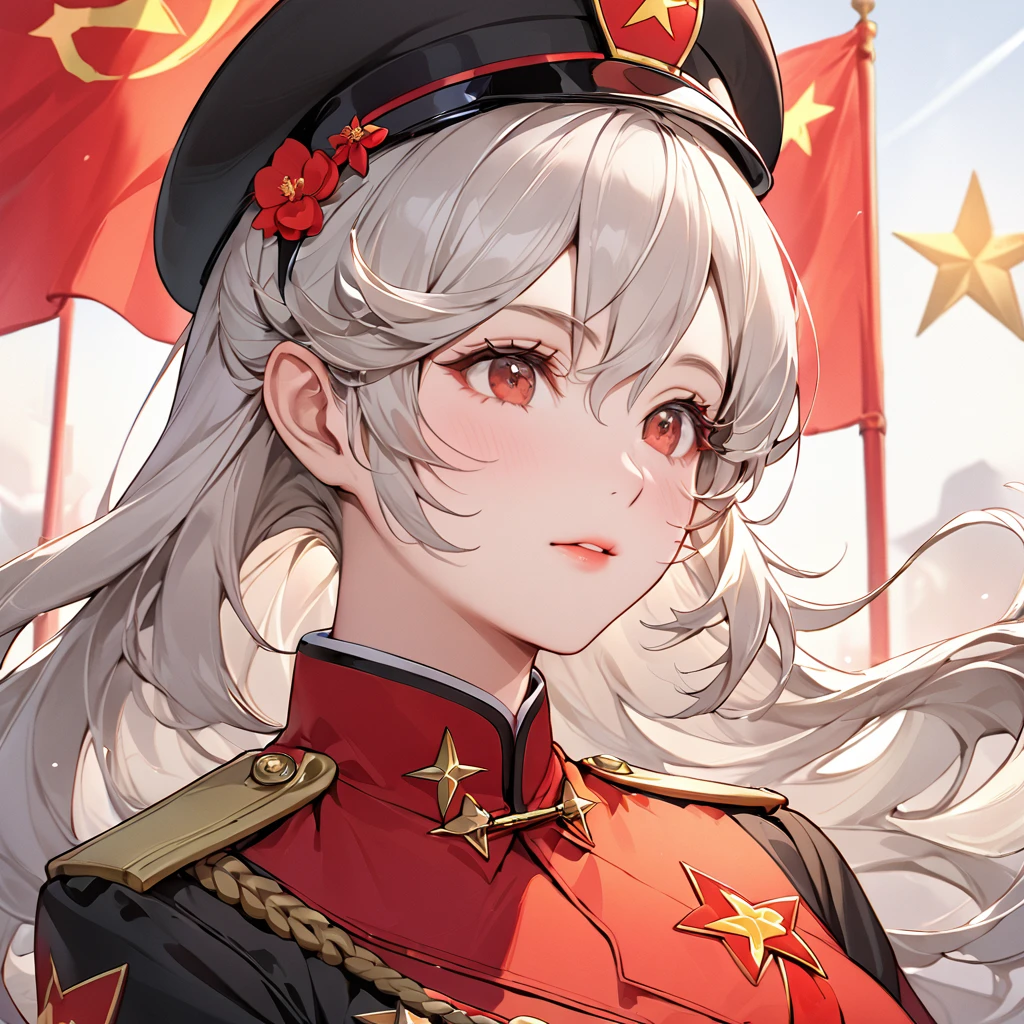 ((Highest quality)), ((masterpiece)), (detailed), （Perfect Face）、The woman is a Chinese Kaim with medium-long silver hair and an engagement ring. She is a member of the glorious Chinese Communist Party and has sworn absolute loyalty to the Communist Party of China. She is a righteous Communist Party member of China.、The woman is wearing the fine uniform of a Chinese Communist Party member.、For the sake of China, their hairstyles, clothes, and everything they wear are all Chinese Communist Party items, and their thoughts are also Chinese, becoming great Chinese in body and mind.、The woman became a Chinese Kaim who was proud of China and loved it devotedly.、She is serving China as a member of the great Communist Party of China.、The woman is a beautiful, respectable and exemplary Communist Party member.