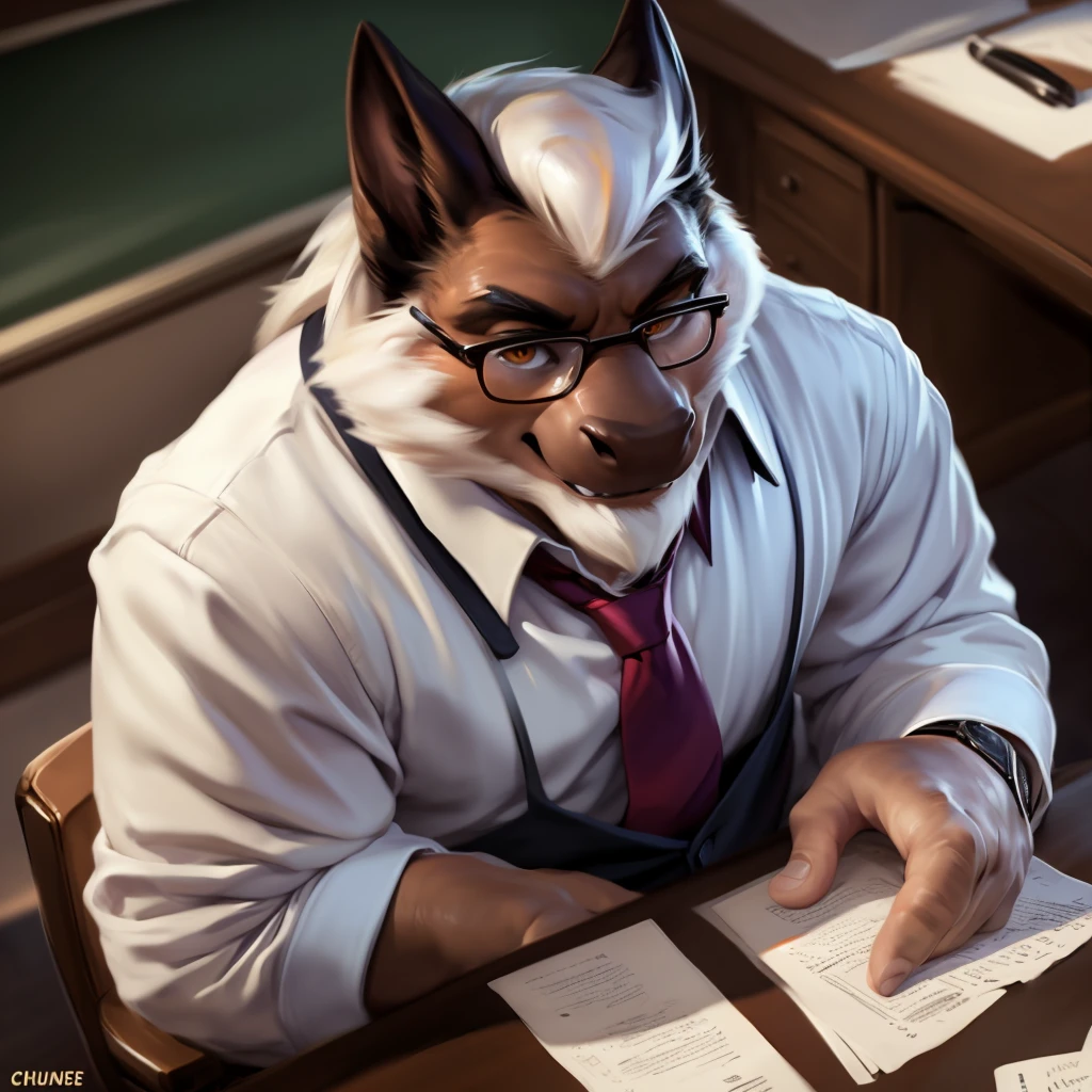 Dragon, Male, Solo, Sitting on Chair, Wearing Teacher Attire, Neck Tie, Wearing Eyeglasses, White Hair, White Beard, Scales, Furless, Wearing Watch, Desk with Paper Works, Blackboard Background, Handsome, Beefcake, Sexy, Daddy, (Realistic shadows, depth of field, Wide Dynamic Field, Dark Shadows, HDR, Low Light: 1.2, High Angle Close Up Body Shot), (by null-ghost, by Chunie, by darkgem)