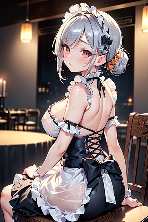 (((beautiful gothic lolita woman:1.3)),(((Accentuate your breasts:1.3))),(Dynamic Angle),(Dynamic and sexy bending pose:1.3),(Sit on a chair:1.3),(Shiny silver and orange inner color short hair,Big ample breasts,Clothing gets messy due to movement,Chest slip,(Intricately braided and beaded twisted ponytail bun,Braided Setup Fishbone Hair),(See-through bangs),Huge breasts、(((A white lace apron that shows your bare skin from under your big breasts..)))、blush with embarrassment、Dreamy eyes、A smile that captivates the viewer、(look back:1.7)、Take a look at the photographer,Sweaty skin,Staring at the audience,(Professional Lighting),(8k,3D Images,Tabletop,Highest quality,Ultra-high resolution output images,),(Ultra HD with Intricate Detail Picture Mode),Depth of written boundary,Beautiful Hands,Beautiful fingers,Detailed characteristics of the fingers,(Detailed hair features:1.7),Detailed facial features,Detailed clothing features,