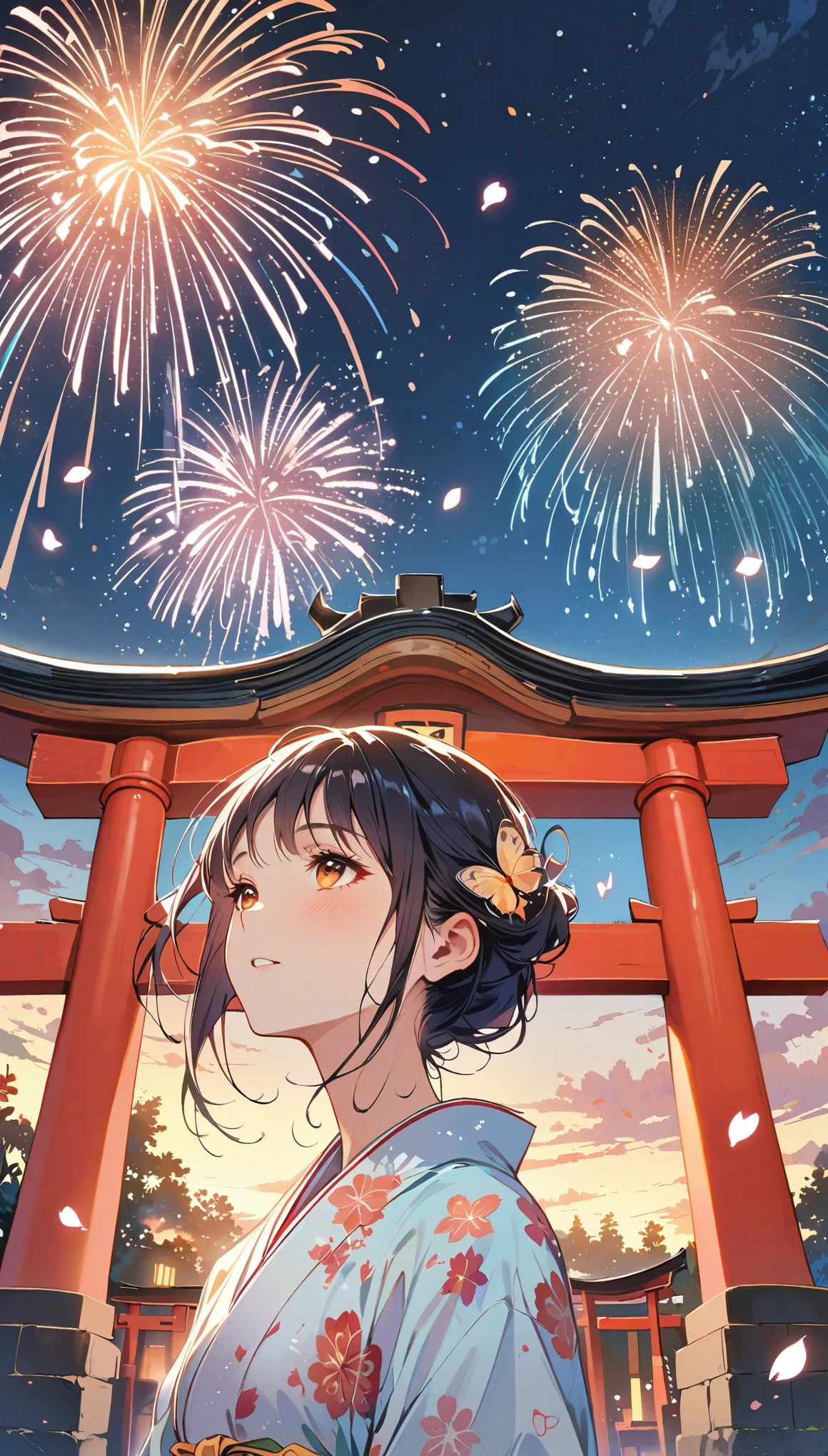 Japanese girl with leaf hair、Photographed from the front、from adove、masterpiece、Highest quality、Looking up、Black Hair、kimono、Cherry blossom petals、Lots of butterflies々Fluttering、torii、shrine、Lots of fireworks、Night Sky