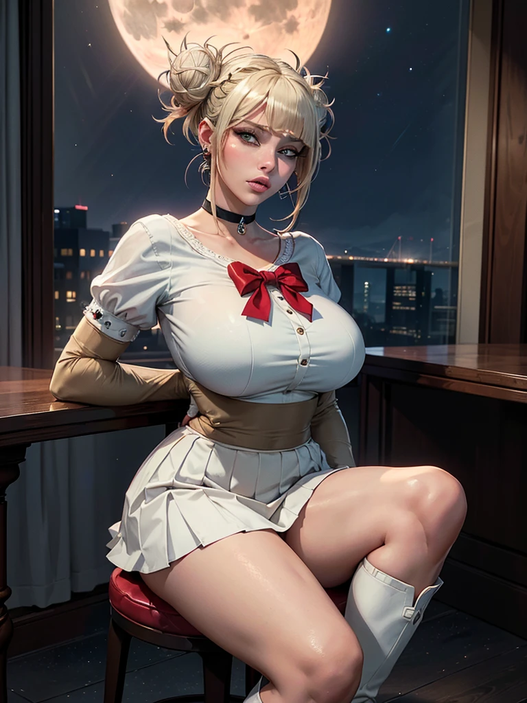 (masterpiece, best quality, ultra detailed, absurdres)1.5, 1girl, (sexy, beautiful woman, perfect face, perfect eyes, perfect female body, huge breasts)1.5, (aausagi, double bun, twintails, parted bangs, circlet, jewelry, earrings, choker, red bow, white gloves, elbow gloves, blue skirt, red boots with white trim, ), (sitting on a barstool inside a penthouse, night sky, moonlit), perfect lighting, smooth, hdr
