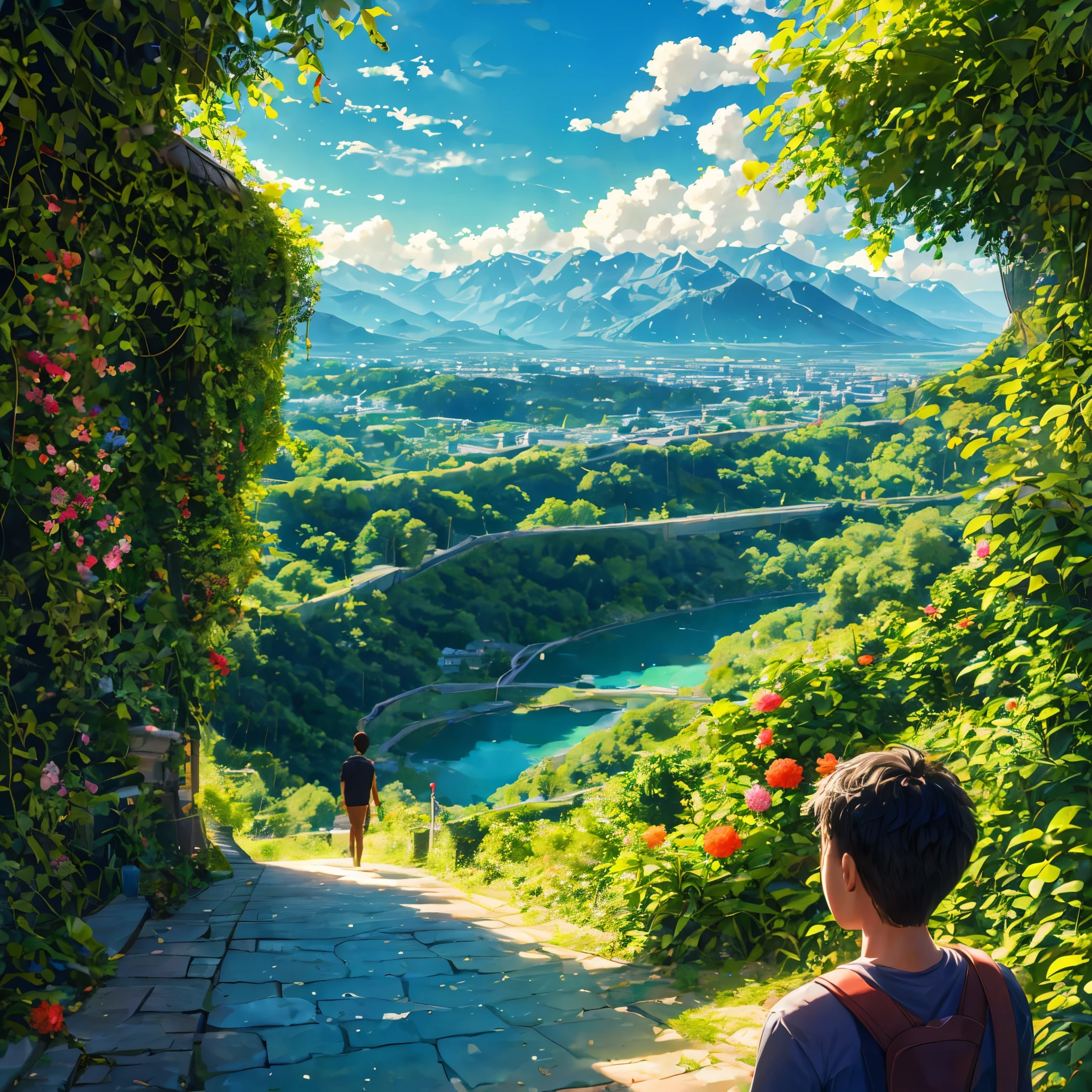 On the right bank of the lake, there is a path leading to the town in front of the castle, with a castle tower in the background., Panorama, Majestic Landscape, Boy in the back, Girl in the back, A hill full of flowers, (Dahlia, Mimosa, gentian), A boy and a girl looking down on the town from the top of a hill, A walled town on the lakeside, The path leading to the cliffs, Brave the Mountains of Asia, Smoke in the light rain, (Great composition), masterpiece, An illustration, Time to walk the mountain path, Karst columnar forest, There are lots of plants,  Valley in the mountains, View from afar, Made of fantasy