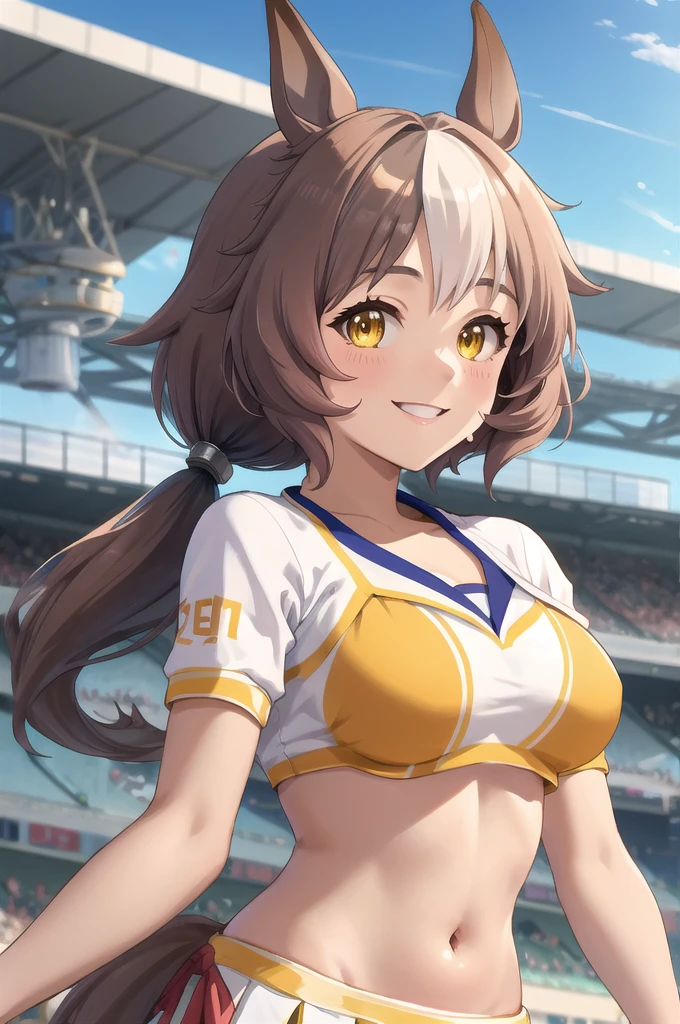 Yamanin Zephyr\(umamusume\), ((Sehr detailliertes Gesicht)), Schönes Gesicht, symmetrisches Gesicht, (Meisterwerk), höchste Qualität, Vorderseite, Pferdeschwanz, Stadion, lächeln, Cheerleader Uniformen, Bikini, (große Brüste:0.7), Stehen, dünn