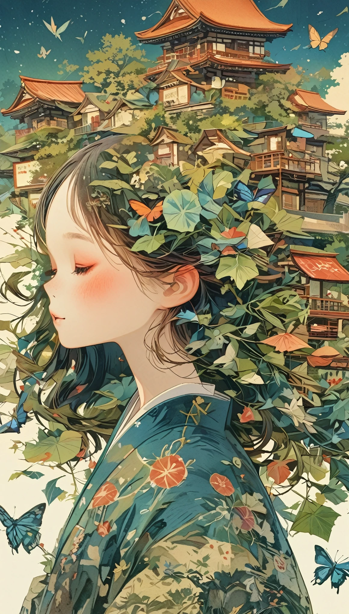 Japanese girl with leaf hair、Photographed from the front、from adove、masterpiece、Highest quality、Looking up、Black Hair、kimono、morning glory、Lots of butterflies々Fluttering、torii、shrine、Festivals、Night Parade of One Hundred Demons、Lots of Yokai、Night Sky