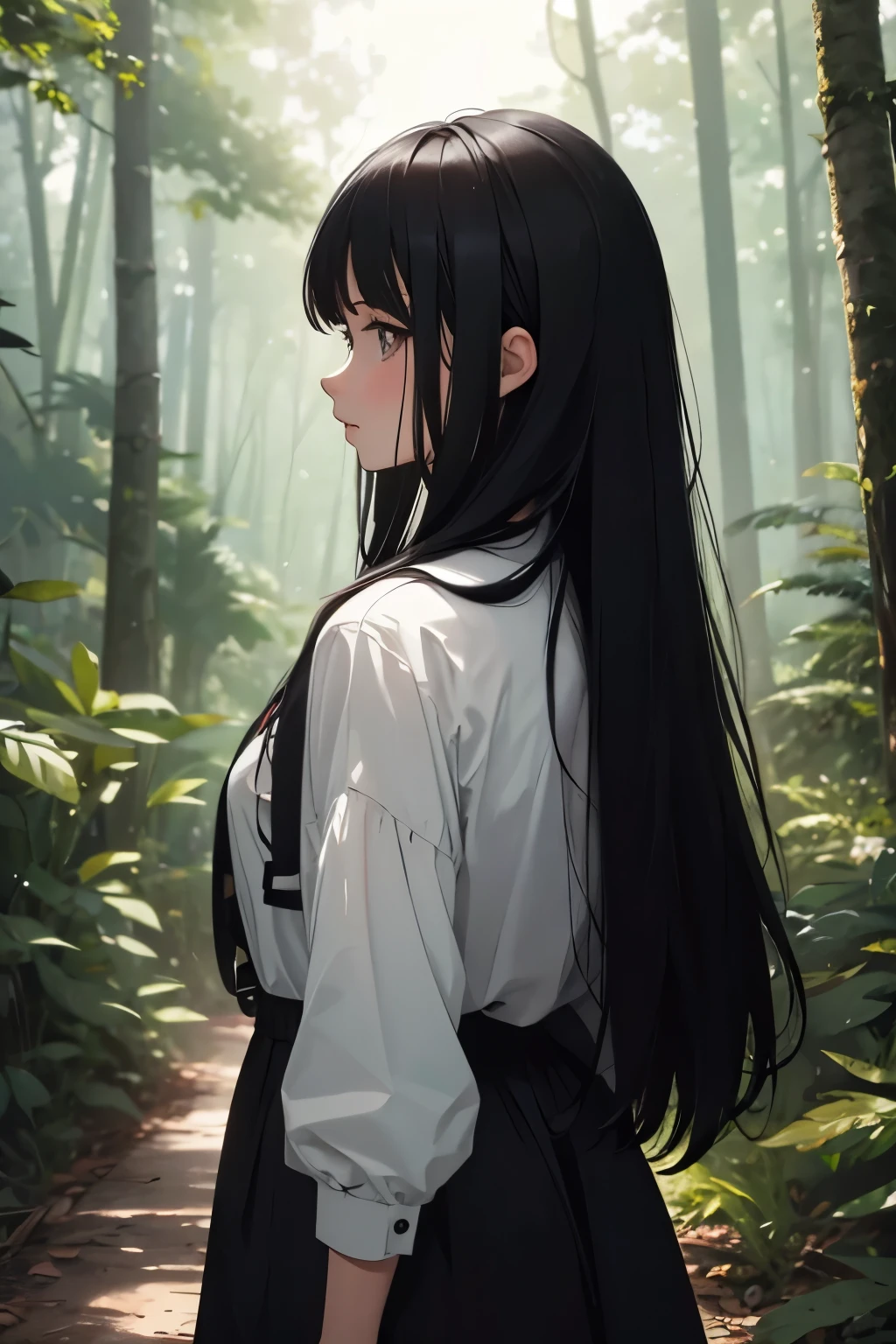 Girl looking backwards,Black Hair,Long Hair,in the forest