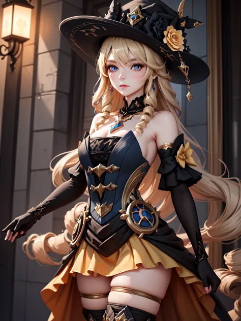 (masterpiece, best quality), 1girl,  navia,long hair,blonde hair,hat, witch hat,blue eyes,dress,bangs,black headwear,gloves,bare...