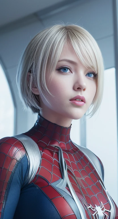 (1girl: 1.3), solo, beautiful face, (((extremely detailed face))),(((extremely detailed face and eyes)),beautiful detailed eyes, body-parts__, official art, 8k unified wallpaper, super detailed, beautiful and aesthetic, beautiful, masterpiece, best quality, raw, masterpiece, super thin photo, best quality, super high resolution, photorealistic realism, sunlight, full body portrait, amazing beauty, short blonde haircut, dynamic pose, delicate face, vibrant blue eyes, (from the front), she is wearing a nylon costume (inspired by Spiderman costume), cosplay ('/Snow/'), red, transparent white and black color scheme, top of a skyscraper building, very detailed, detailed face, detailed complex busy background, messy, beautiful, milky white, highly detailed skin, realistic skin details, visible pores, sharp focus, volumetric mist, 8k uhd, DSLR, high quality, film grain, fair skin, photorealism, Lomography, Huge Metropolis in Future Dystopia, View from Below, Translucent