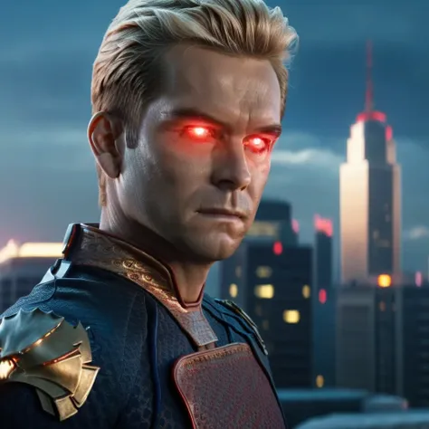 a powerful evil superhero homelander looking down at a city with a malicious gaze, red glowing eyes, preparing to unleash a lase...