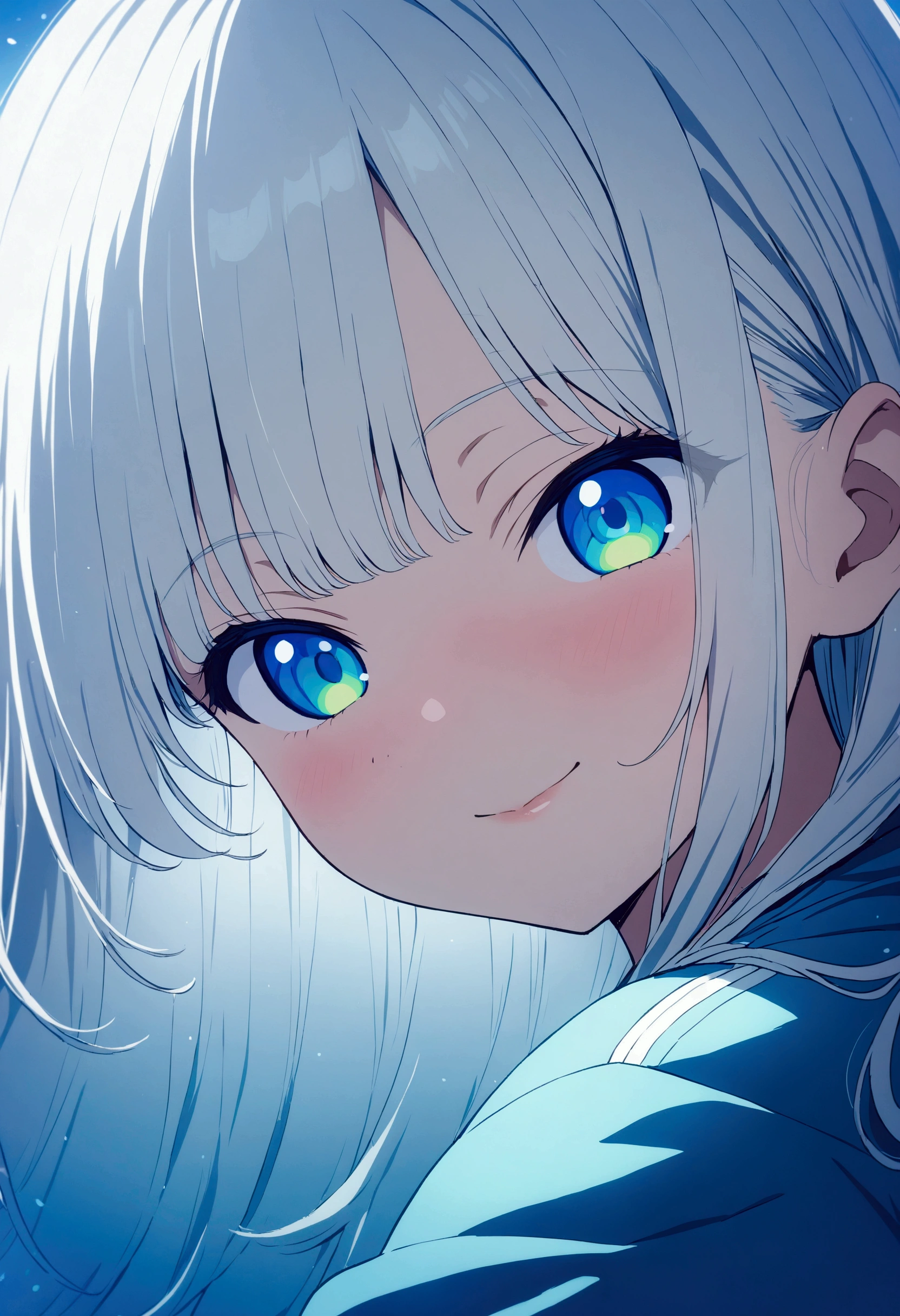 (middle part＆straight hair＆Long hair),Silver-white hair,Emerald Eyes,Looks about 15 years old、 (Blue sweatpants:1.3), (The jacket is a blue track jacket..: 1.3),(Highest quality:1.2, 4K, 8k, Studio Anime, Very detailed, up to date, Vibrant, Attention to detail, High Contrast, masterpiece:1.2, Highest quality, Best aesthetics), (beautiful girl: 1.3), Dazzling Light,flower field,Focus on the very big things, Round and beautifully shaped butt,Baggy clothes,Glossy Lips、,(Face close-up:1.5),Front view,A big smile、The best smile in the world