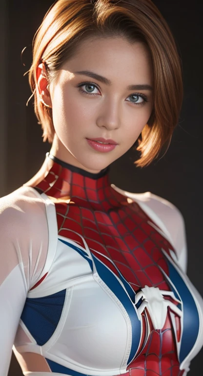 (1girl: 1.3), solo, beautiful face, (((extremely detailed face))),(((extremely detailed face and eyes)),beautiful detailed eyes, body-parts__, official art, 8k unified wallpaper, super detailed, beautiful and aesthetic, beautiful, masterpiece, best quality, raw, masterpiece, super thin photo, best quality, super high resolution, photorealistic realism, sunlight, full body portrait, amazing beauty, short blonde haircut, dynamic pose, delicate face, vibrant blue eyes, (from the front), she is wearing a nylon costume (inspired by Spiderman costume), cosplay ('/Snow/'), red, transparent white and black color scheme, top of a skyscraper building, very detailed, detailed face, detailed complex busy background, messy, beautiful, milky white, highly detailed skin, realistic skin details, visible pores, sharp focus, volumetric mist, 8k uhd, DSLR, high quality, film grain, fair skin, photorealism, Lomography, Huge Metropolis in Future Dystopia, View from Below, Translucent