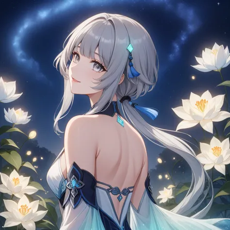 1girl, guizhong_\(genshin_impact\),(grey hair),short_hair_with_long_locks in front and low ponytail in back,(pale grey eyes with...