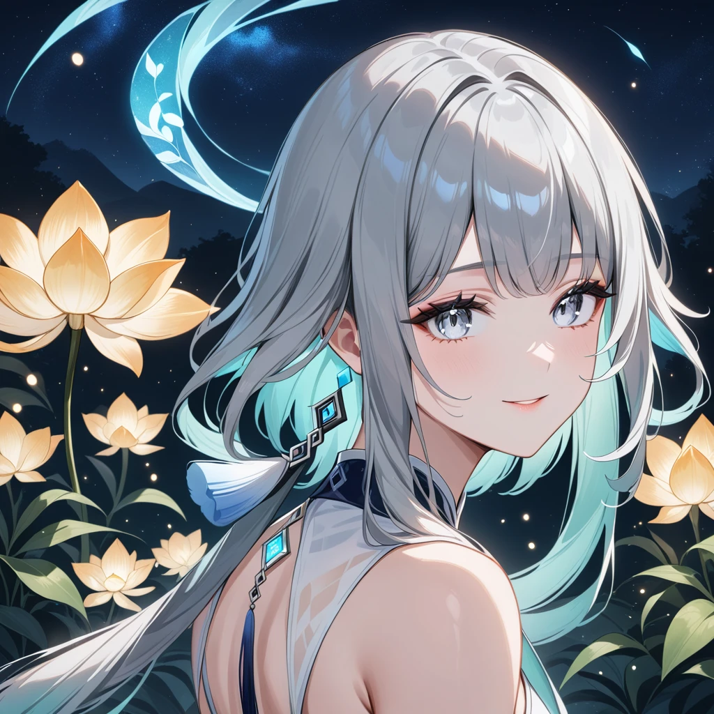 1girl, guizhong_\(genshin_impact\),(grey hair),short_hair_with_long_locks in front and low ponytail in back,(pale grey eyes with seafoam gradient),starry_sky_print,detached_sleeves white outside blue starry inside, hands completely hidden by long sleeves,stunning field of softly glowing cerulean and white glaze lilies,night scene,gentle smile,face focus, eye focus,ladyshadow,moonlight,glossy lips,vivid anime coloring,cel shading,smooth, soft dreamy focus,anklet,halter_top,white clothes,highly detailed,digital painting,bare_shoulders,barefoot,cool night tones, magical night scene,bokeh, professional,anemo colored fireflies,nebula of stardust and silvery vapor,harmonious blend of nature and art,transcendent beauty,awe-inspiring artwork,(best quality,4k,8k,highres,masterpiece:1.2),yunamaro,carnelian,dsmile,cosmic stardust