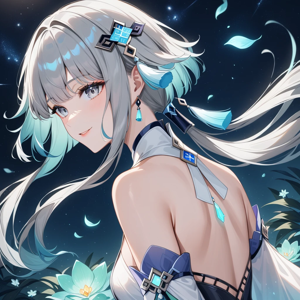 1girl, guizhong_\(genshin_impact\),(grey hair),short_hair_with_long_locks in front and low ponytail in back,(pale grey eyes with seafoam gradient),starry_sky_print,detached_sleeves white outside blue starry inside, hands completely hidden by long sleeves,stunning field of softly glowing cerulean and white glaze lilies,night scene,gentle smile,face focus, eye focus,ladyshadow,moonlight,glossy lips,vivid anime coloring,cel shading,smooth, soft dreamy focus,anklet,halter_top,white clothes,highly detailed,digital painting,bare_shoulders,barefoot,cool night tones, magical night scene,bokeh, professional,anemo colored fireflies,nebula of stardust and silvery vapor,harmonious blend of nature and art,transcendent beauty,awe-inspiring artwork,(best quality,4k,8k,highres,masterpiece:1.2),yunamaro,carnelian,dsmile,cosmic stardust