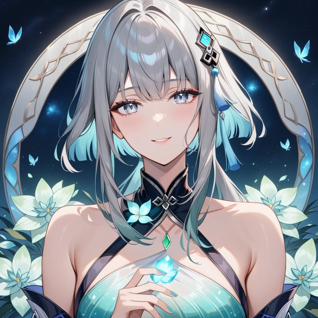 1girl, guizhong_\(genshin_impact\),(grey hair),short_hair_with_long_locks in front and low ponytail in back,(pale grey eyes with seafoam gradient),starry_sky_print,detached_sleeves white outside blue starry inside, hands completely hidden by long sleeves,stunning field of softly glowing cerulean and white glaze lilies,night scene,gentle smile,face focus, eye focus,ladyshadow,moonlight,glossy lips,vivid anime coloring,cel shading,smooth, soft dreamy focus,anklet,halter_top,white clothes,highly detailed,digital painting,bare_shoulders,barefoot,cool night tones, magical night scene,bokeh, professional,anemo colored fireflies,nebula of stardust and silvery vapor,harmonious blend of nature and art,transcendent beauty,awe-inspiring artwork,(best quality,4k,8k,highres,masterpiece:1.2),yunamaro,carnelian,dsmile,cosmic stardust