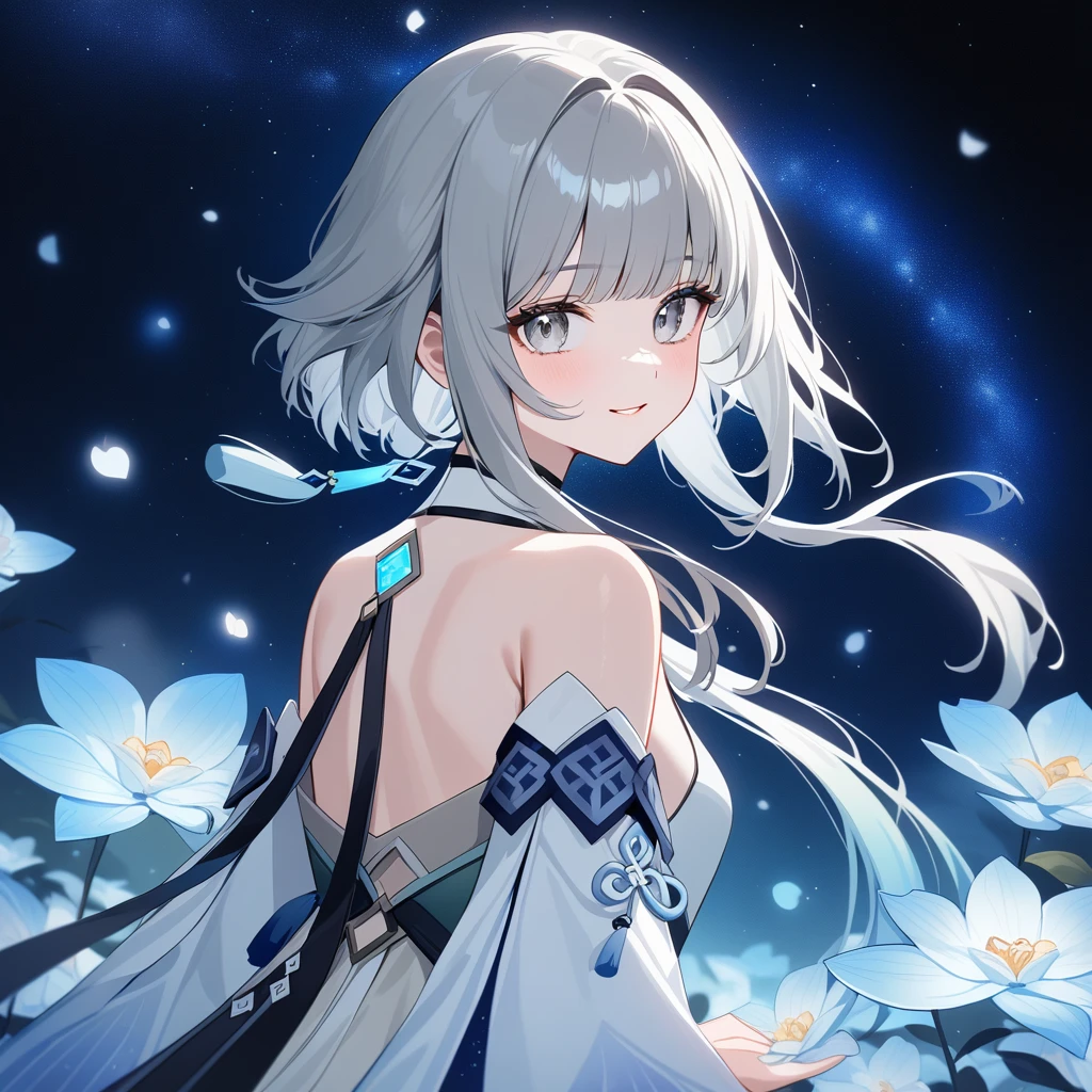 1girl, guizhong_\(genshin_impact\),(grey hair),short_hair_with_long_locks in front and low ponytail in back,(pale grey eyes with seafoam gradient),starry_sky_print,detached_sleeves white outside blue starry inside, hands completely hidden by long sleeves,stunning field of softly glowing cerulean and white glaze lilies,night scene,gentle smile,face focus, eye focus,ladyshadow,moonlight,glossy lips,vivid anime coloring,cel shading,smooth, soft dreamy focus,anklet,halter_top,white clothes,highly detailed,digital painting,bare_shoulders,barefoot,cool night tones, magical night scene,bokeh, professional,anemo colored fireflies,nebula of stardust and silvery vapor,harmonious blend of nature and art,transcendent beauty,awe-inspiring artwork,(best quality,4k,8k,highres,masterpiece:1.2),yunamaro,carnelian,dsmile,cosmic stardust