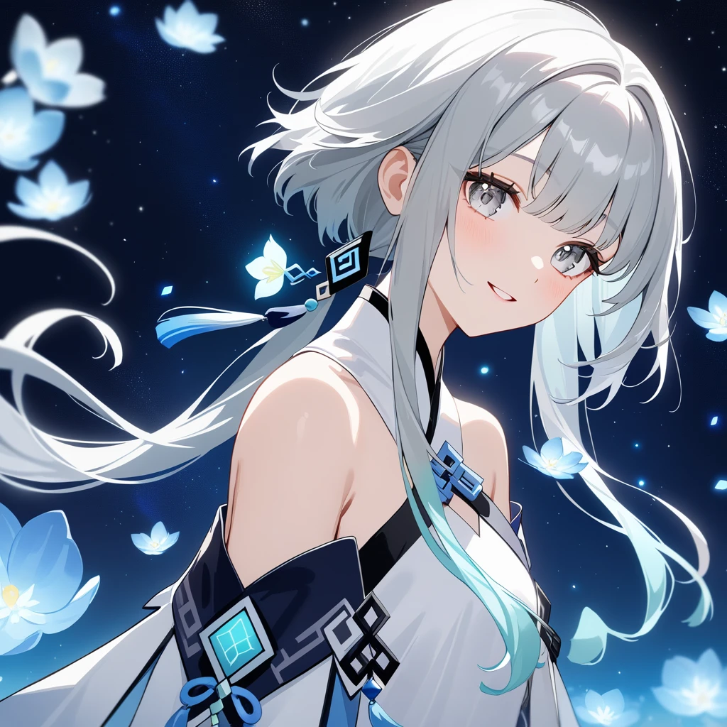 1girl, guizhong_\(genshin_impact\),(grey hair),short_hair_with_long_locks in front and low ponytail in back,(pale grey eyes with seafoam gradient),starry_sky_print,detached_sleeves white outside blue starry inside, hands completely hidden by long sleeves,stunning field of softly glowing cerulean and white glaze lilies,night scene,gentle smile,face focus, eye focus,ladyshadow,moonlight,glossy lips,vivid anime coloring,cel shading,smooth, soft dreamy focus,anklet,halter_top,white clothes,highly detailed,digital painting,bare_shoulders,barefoot,cool night tones, magical night scene,bokeh, professional,anemo colored fireflies,nebula of stardust and silvery vapor,harmonious blend of nature and art,transcendent beauty,awe-inspiring artwork,(best quality,4k,8k,highres,masterpiece:1.2),yunamaro,carnelian,dsmile,cosmic stardust