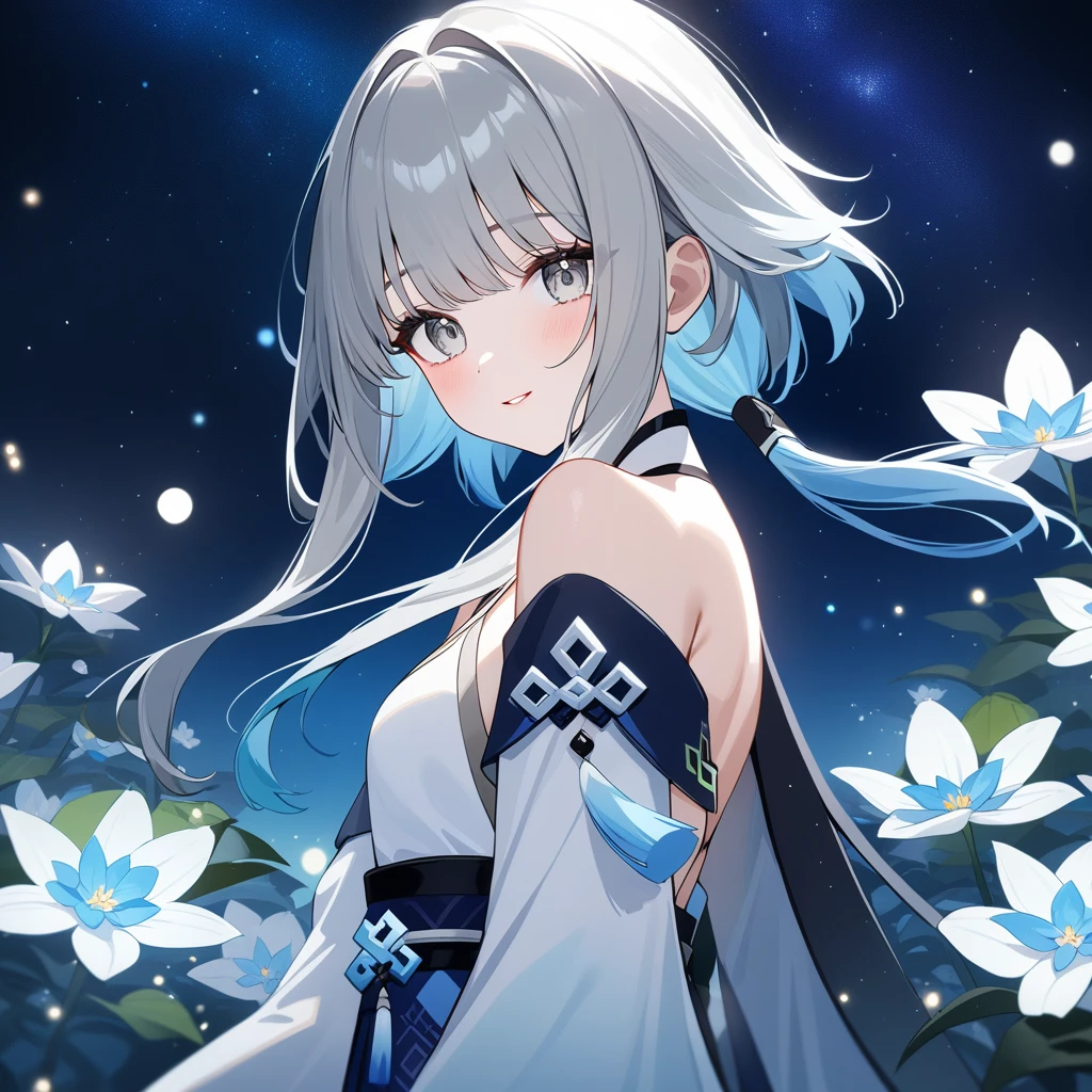 1girl, guizhong_\(genshin_impact\),(grey hair),short_hair_with_long_locks in front and low ponytail in back,(pale grey eyes with seafoam gradient),starry_sky_print,detached_sleeves white outside blue starry inside, hands completely hidden by long sleeves,stunning field of softly glowing cerulean and white glaze lilies,night scene,gentle smile,face focus, eye focus,ladyshadow,moonlight,glossy lips,vivid anime coloring,cel shading,smooth, soft dreamy focus,anklet,halter_top,white clothes,highly detailed,digital painting,bare_shoulders,barefoot,cool night tones, magical night scene,bokeh, professional,anemo colored fireflies,nebula of stardust and silvery vapor,harmonious blend of nature and art,transcendent beauty,awe-inspiring artwork,(best quality,4k,8k,highres,masterpiece:1.2),yunamaro,carnelian,dsmile,cosmic stardust