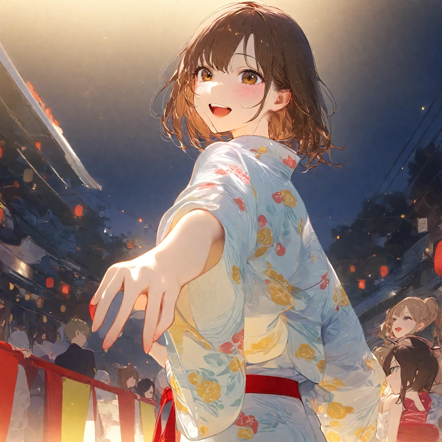 score_9, score_8_up, score_7_up, score_6_up, score_5_up, score_4_up, masterpiece, best quality BREAK 1girl、yukata、Brown Hair、Red belt、Holding out a hand, smiling, BREAK, summer festival、night