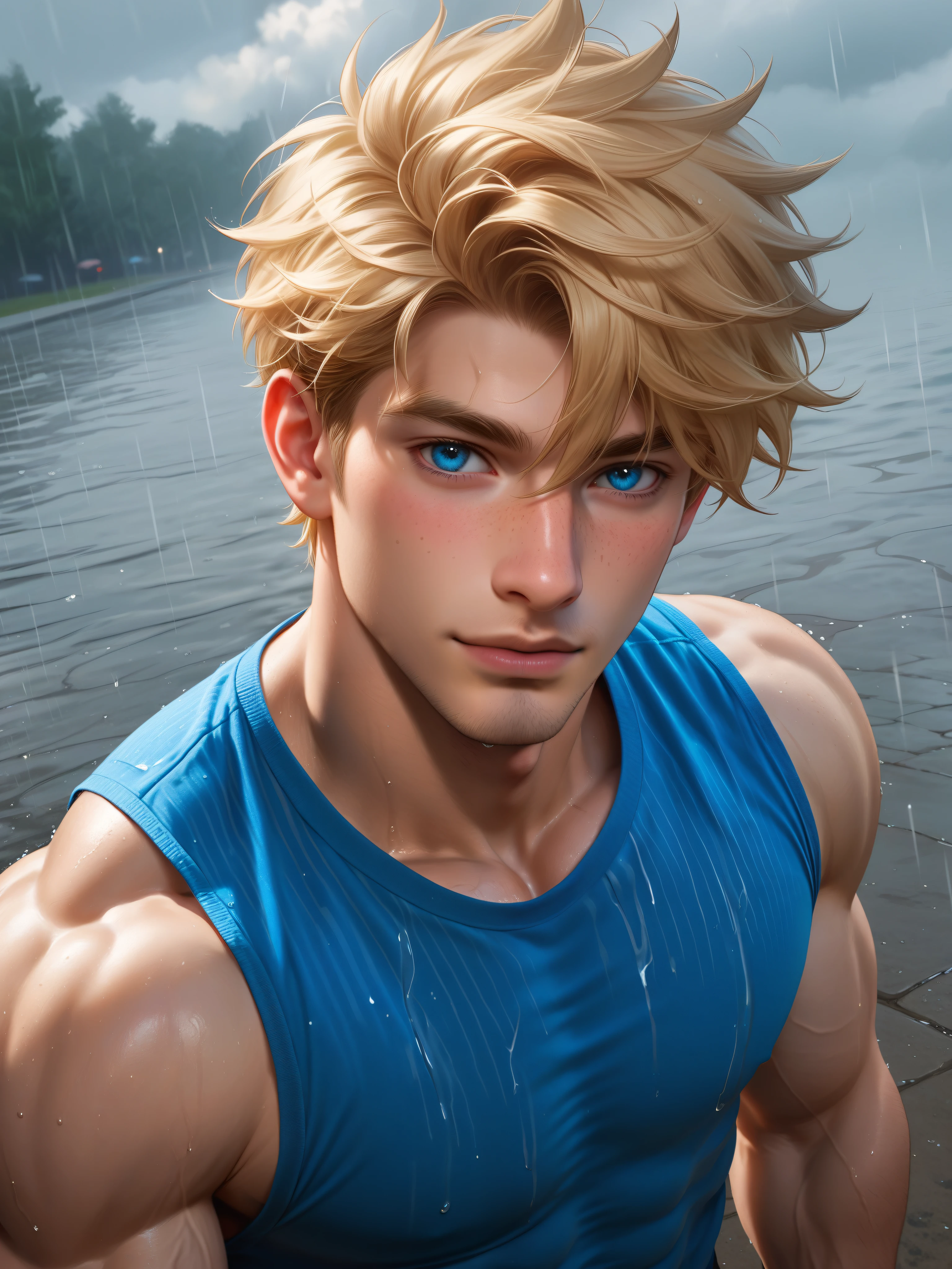 8k,score_9,score_8_above,score_7_above, yaoi, 1 boys,homosexuals, detailed, very short hair, by rubio, parts, blue eyes, parts, parts on body, broad, muscular shoulders, muscular pectorals, ABS, vascular biceps and triceps,flannel shirt, Beautiful, blonde lust, youthful face, Beautiful face,previous perspective, looking at the viewer, rain, cloudy sky, rain street
