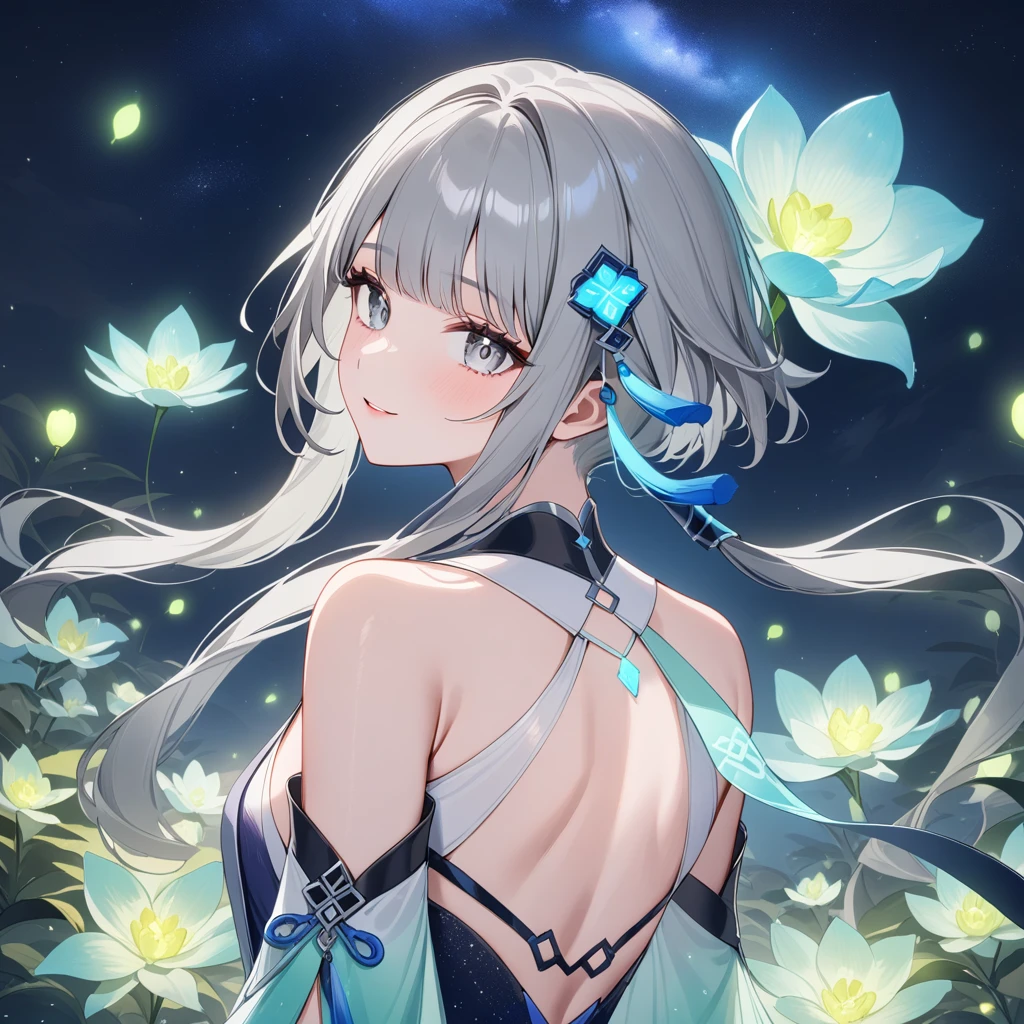 1girl, guizhong_\(genshin_impact\),(grey hair),short_hair_with_long_locks in front and low ponytail in back,gradient_hair,(pale grey eyes with seafoam gradient),starry_sky_print,detached_sleeves white outside blue starry inside, hands completely hidden by long sleeves,stunning field of softly glowing cerulean and white glaze lilies,night scene,gentle smile,face focus, eye focus,ladyshadow,moonlight,glossy lips,vivid anime coloring,cel shading,smooth, soft dreamy focus,anklet,halter_top,white clothes,highly detailed,digital painting,bare_shoulders,barefoot,cool night tones, magical night scene,bokeh, professional,anemo colored fireflies,nebula of stardust and silvery vapor,harmonious blend of nature and art,transcendent beauty,awe-inspiring artwork,(best quality,4k,8k,highres,masterpiece:1.2),yunamaro,carnelian,dsmile,cosmic stardust