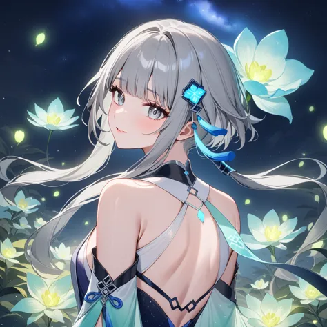 1girl, guizhong_\(genshin_impact\),(grey hair),short_hair_with_long_locks in front and low ponytail in back,gradient_hair,(pale ...