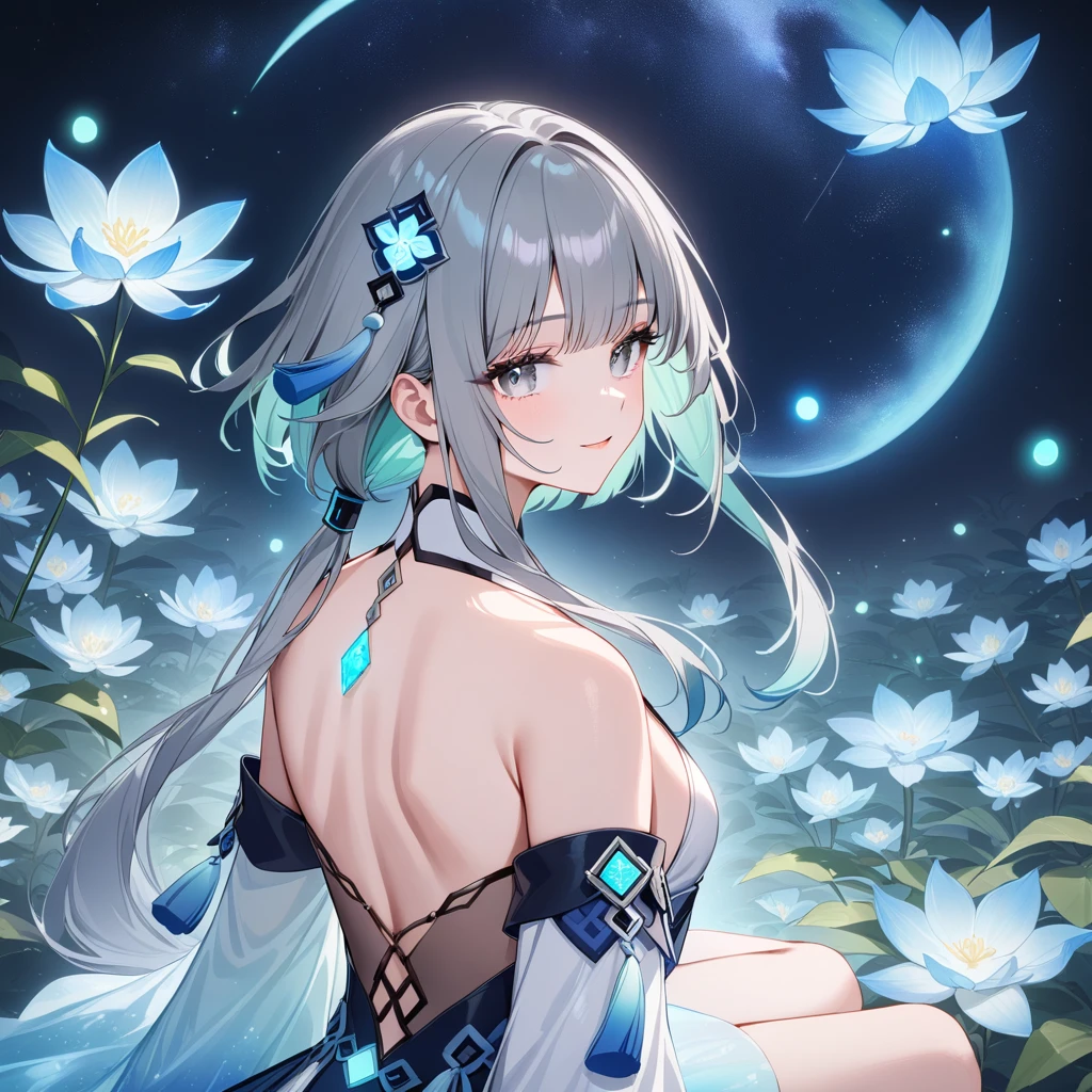 1girl, guizhong_\(genshin_impact\),(grey hair),short_hair_with_long_locks in front and low ponytail in back,gradient_hair,(pale grey eyes with seafoam gradient),starry_sky_print,detached_sleeves white outside blue starry inside, hands completely hidden by long sleeves,stunning field of softly glowing cerulean and white glaze lilies,night scene,gentle smile,face focus, eye focus,ladyshadow,moonlight,glossy lips,vivid anime coloring,cel shading,smooth, soft dreamy focus,anklet,halter_top,white clothes,highly detailed,digital painting,bare_shoulders,barefoot,cool night tones, magical night scene,bokeh, professional,anemo colored fireflies,nebula of stardust and silvery vapor,harmonious blend of nature and art,transcendent beauty,awe-inspiring artwork,(best quality,4k,8k,highres,masterpiece:1.2),yunamaro,carnelian,dsmile,cosmic stardust