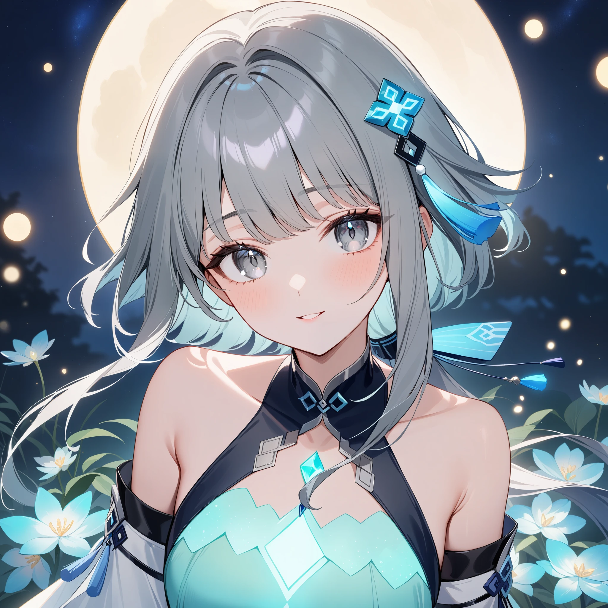 1girl, guizhong_\(genshin_impact\),(grey hair),short_hair_with_long_locks in front and low ponytail in back,gradient_hair,(pale grey eyes with seafoam gradient),starry_sky_print,detached_sleeves white outside blue starry inside, hands completely hidden by long sleeves,stunning field of softly glowing cerulean and white glaze lilies,night scene,gentle smile,face focus, eye focus,ladyshadow,moonlight,glossy lips,vivid anime coloring,cel shading,smooth, soft dreamy focus,anklet,halter_top,white clothes,highly detailed,digital painting,bare_shoulders,barefoot,cool night tones, magical night scene,bokeh, professional,anemo colored fireflies,nebula of stardust and silvery vapor,harmonious blend of nature and art,transcendent beauty,awe-inspiring artwork,(best quality,4k,8k,highres,masterpiece:1.2),yunamaro,carnelian,dsmile,cosmic stardust