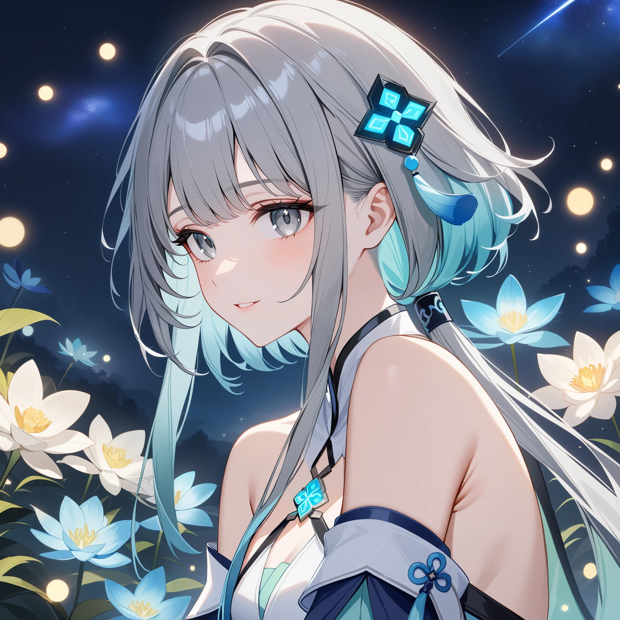 1girl, guizhong_\(genshin_impact\),(grey hair),short_hair_with_long_locks in front and low ponytail in back,gradient_hair,(pale grey eyes with seafoam gradient),starry_sky_print,detached_sleeves white outside blue starry inside, hands completely hidden by long sleeves,stunning field of softly glowing cerulean and white glaze lilies,night scene,gentle smile,face focus, eye focus,ladyshadow,moonlight,glossy lips,vivid anime coloring,cel shading,smooth, soft dreamy focus,anklet,halter_top,white clothes,highly detailed,digital painting,bare_shoulders,barefoot,cool night tones, magical night scene,bokeh, professional,anemo colored fireflies,nebula of stardust and silvery vapor,harmonious blend of nature and art,transcendent beauty,awe-inspiring artwork,(best quality,4k,8k,highres,masterpiece:1.2),yunamaro,carnelian,dsmile,cosmic stardust