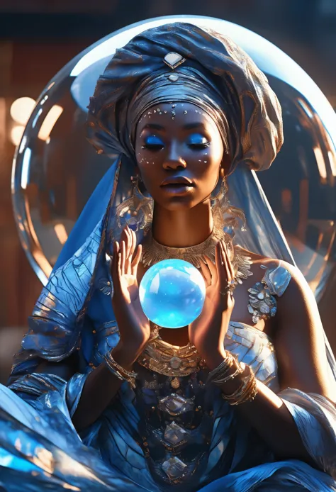 half body shot of a blue hologram image of a crystal ball floating in the arms of a black woman dressed in african clothes, very...