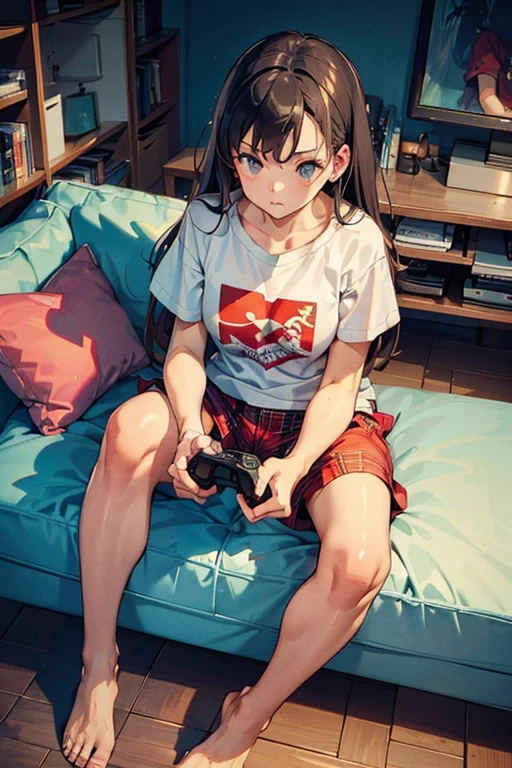 ((masterpiece)), (Highest quality), (One girl:1.2), Please wear a t-shirt and patterned boxer shorts, In the room, close, avert your eyes, barefoot, Sitting on the couch, ((Front to bottom)), (Press and hold the game controller),Retro，80 hair