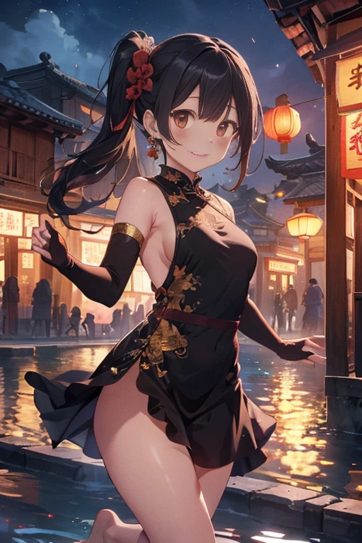 best quality,official art,Extremely detailed CG unified 8k wallpaper, (Wide-angle lens),1 girl, (Meiyu Edelfeldt),,black hair,brown eyes,seductive smile,National Science Foundation, barefoot, see through dress, Butterfly, Butterfly hair accessories, backless dress, Chinese clothes,sleeveless, twice as good,Golden dragon pattern,barefoot,full moon,Elbow gloves,Good, hair accessories,jewelry,earrings,Bead Anklet,thin legs,nail polish, medium breasts, alone, toenail polish, toe armor, toe, Double tail,outdoor,Chinese style architecture, Chinese style, lake, ancient town, Beautiful and detailed water,Red Lantern,fireworks,Buttocks emphasised，Face away from the camera