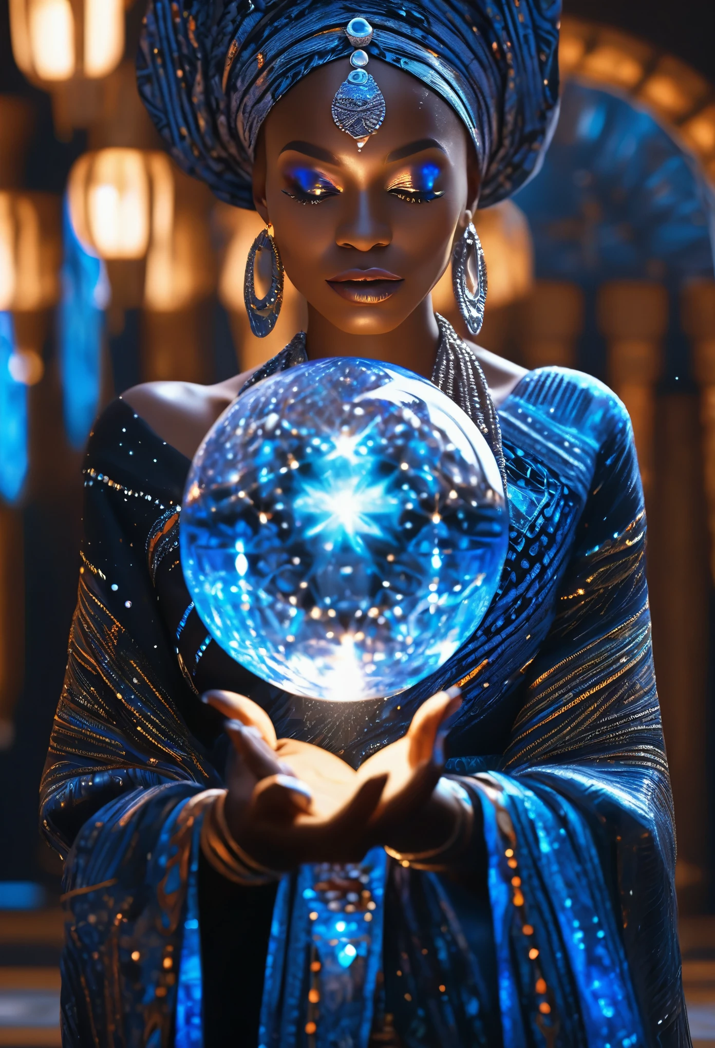 Half body shot of A blue hologram image of a glowing crystal ball floating in the arms of a black woman dressed in african clothes, very high detailed and clear image, 32k high definition and high resolution images, unreal engine 5 rendered. Hyper-realistic images with high detailed features providing a viewer with a clear high definition well created masterpiece of art..