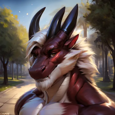 dragon, male, solo, avoiding eye contact with viewer, handsome face, hair, horn, detailed eyes, detailed face, park background, ...