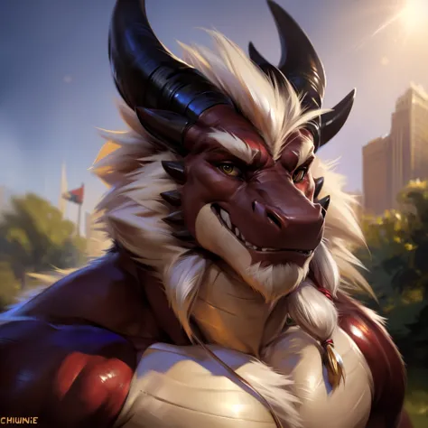 dragon, male, solo, avoiding eye contact with viewer, handsome face, hair, horn, detailed eyes, detailed face, park background, ...