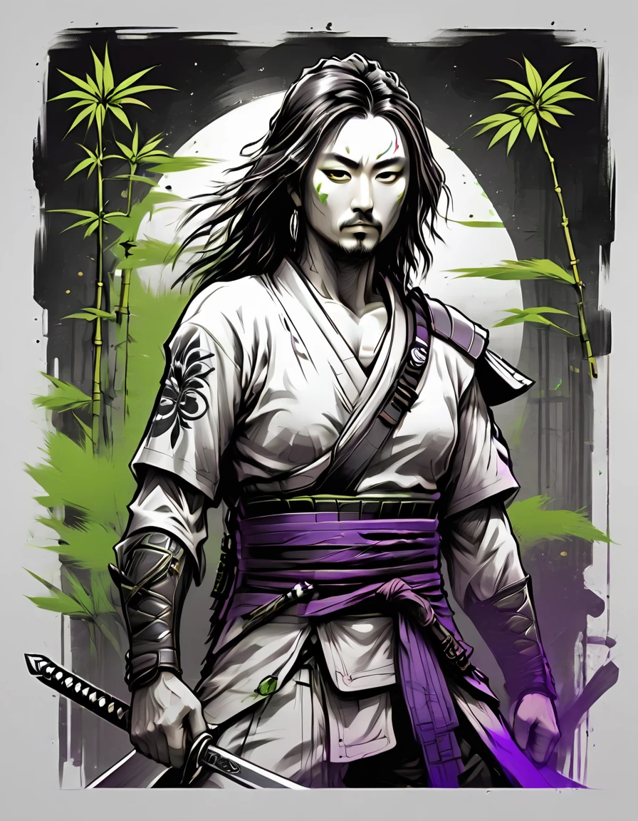 Kreative Logo-Illustration, Schwarz-Weiß-Zeichnung eines Samurai mit langen Haaren, der ein Schwert hält, umgeben von grünem Bambus und violetten Raben, kombinierte die Schwarz-Weiß-Zeichnung mit den lebendigen digitalen Farben von Dan Mumford, Jean Pierre Mong, alex janvier, Frank Frazetta, Skizze, fette Umrisse, Hohe Auflösung, komplizierte Details, leuchtende Farben, negativ raum, T-Shirt-Designs